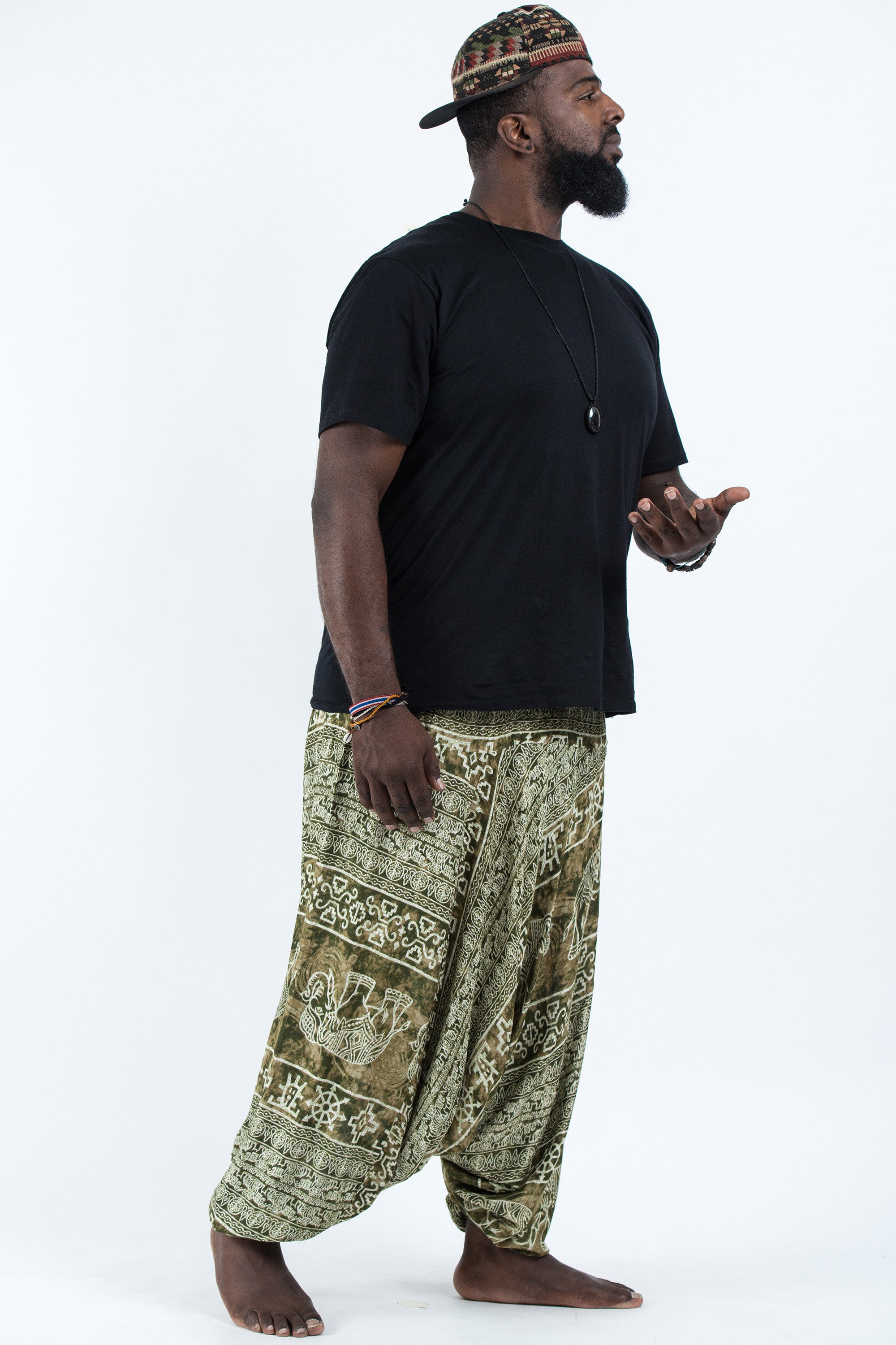 Plus Size Marble Elephant Drop Crotch Men's Elephant Pants in Olive