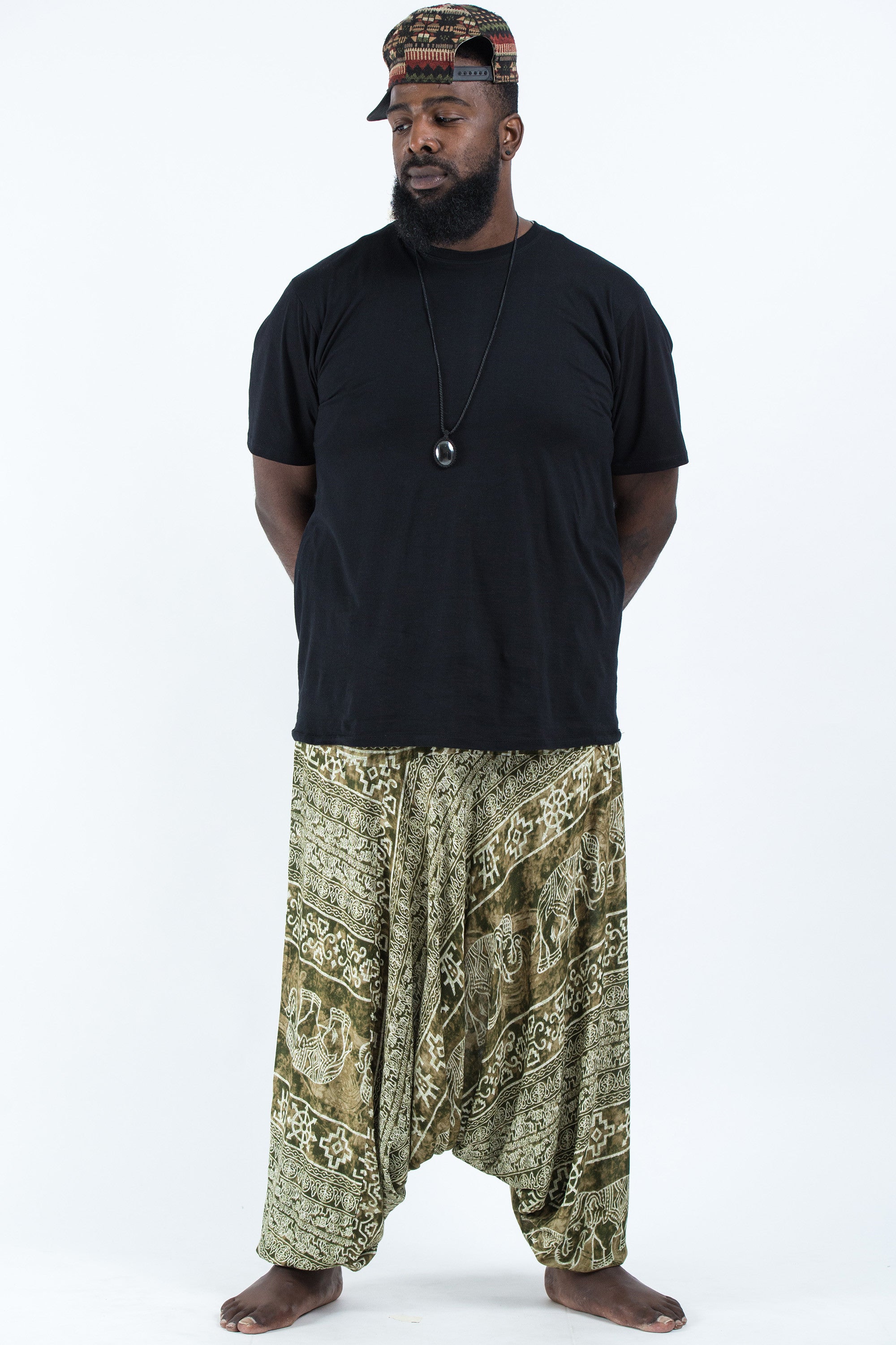Plus Size Marble Elephant Drop Crotch Men's Elephant Pants in Olive