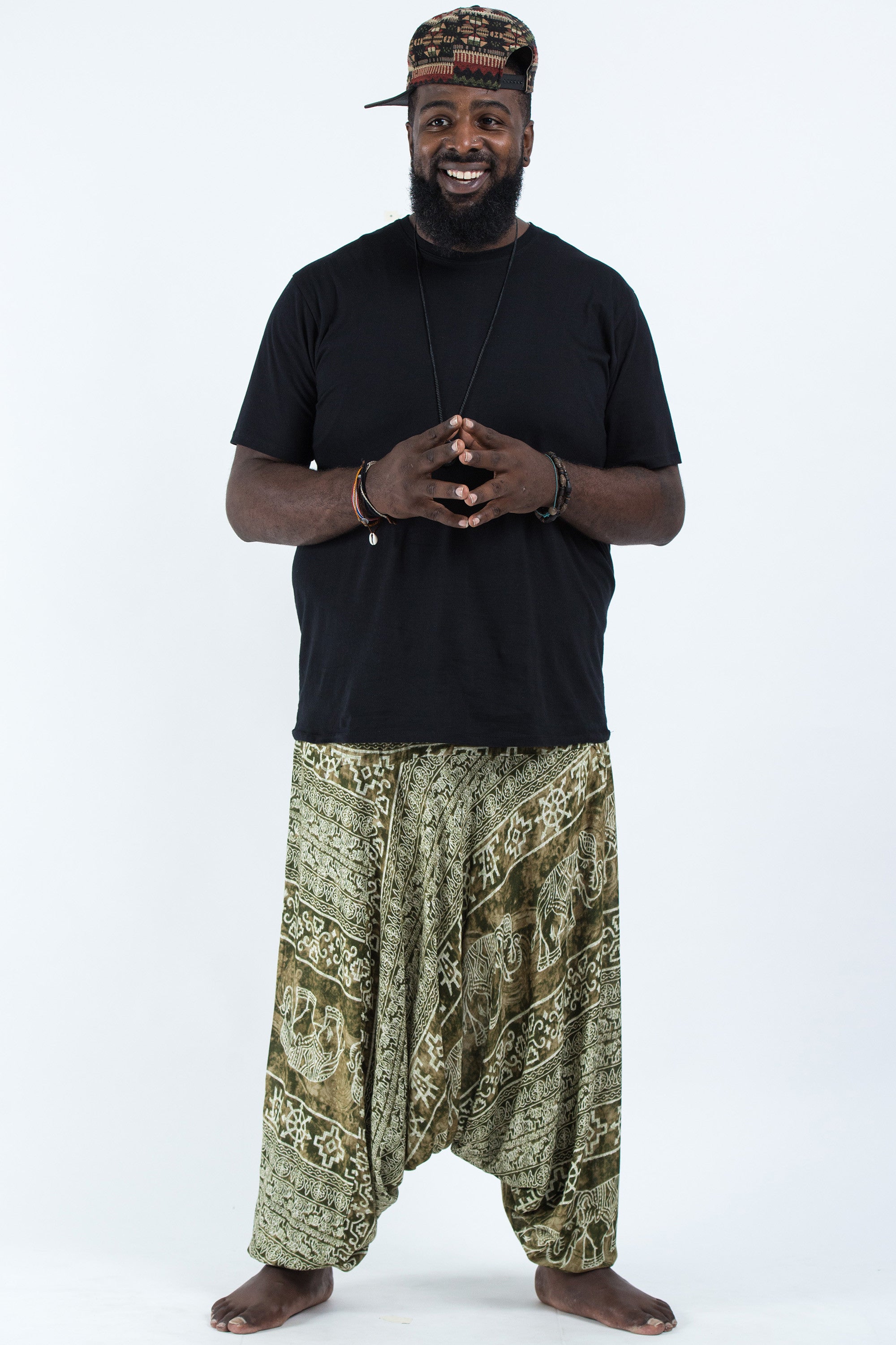 Plus Size Marble Elephant Drop Crotch Men's Elephant Pants in Olive