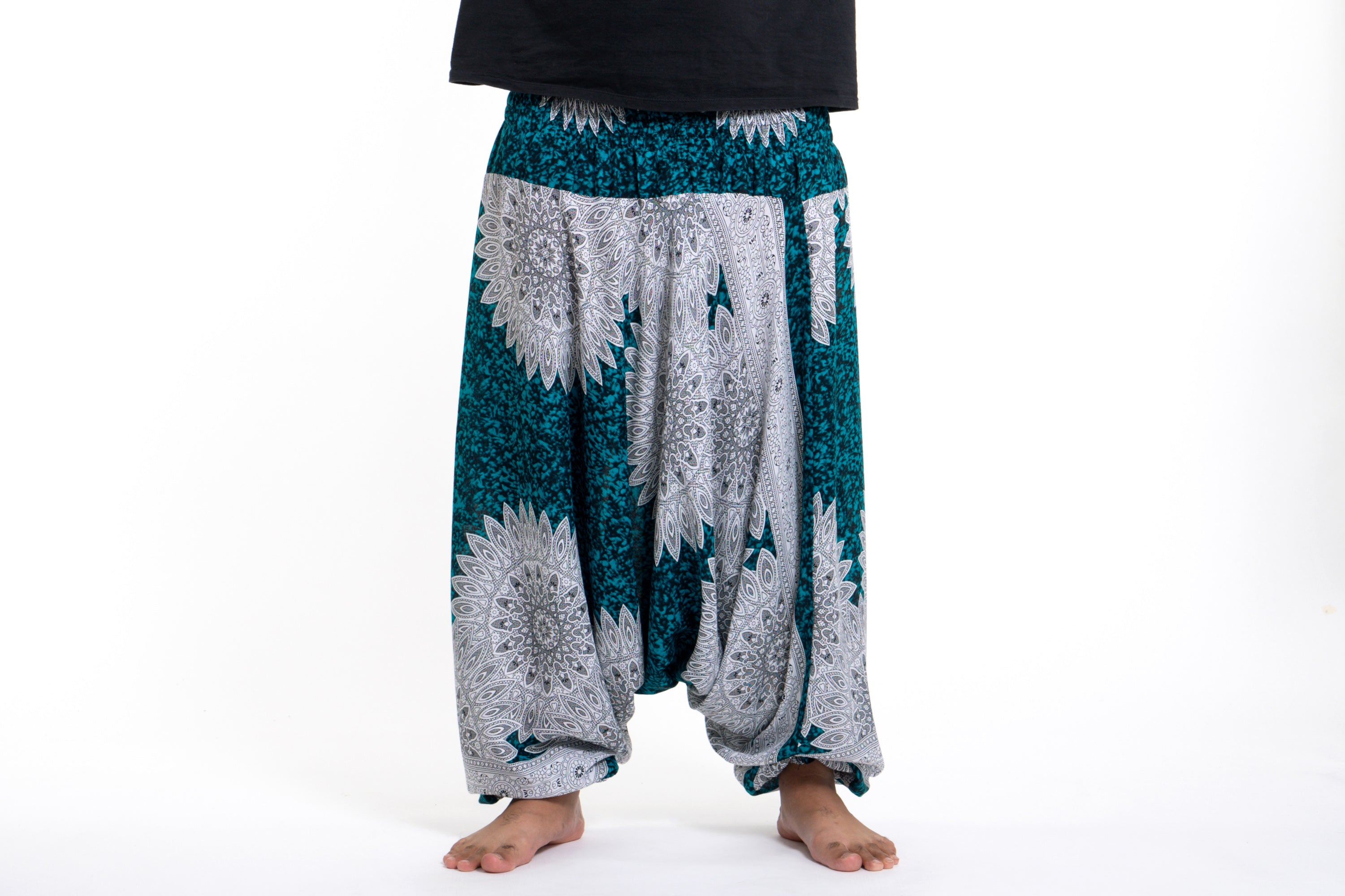Plus Size Marble Mandalas Drop Crotch Men's Harem Pants in Turquoise