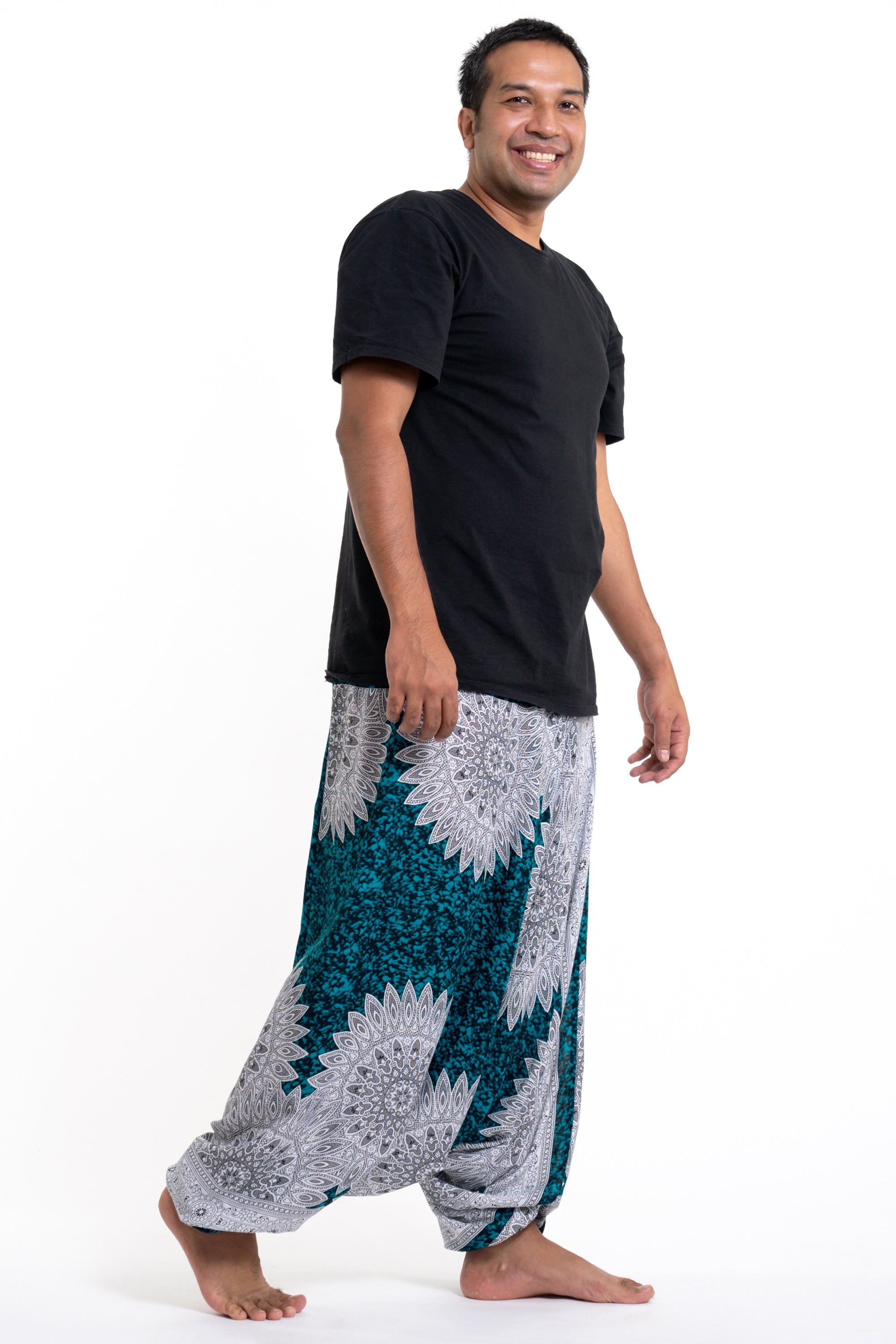 Plus Size Marble Mandalas Drop Crotch Men's Harem Pants in Turquoise