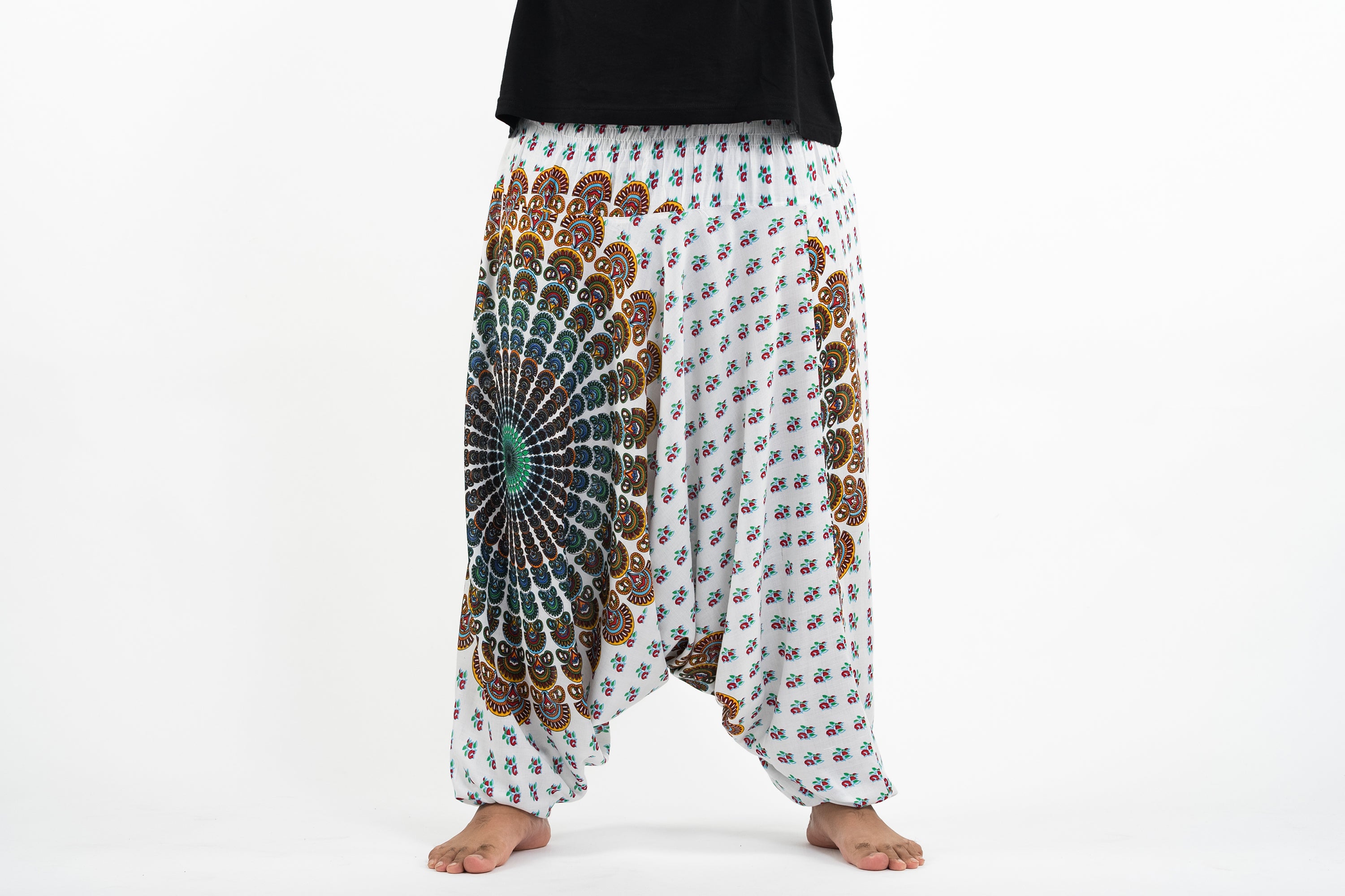 Plus Size Peacock Mandalas Drop Crotch Men's Harem Pants in White