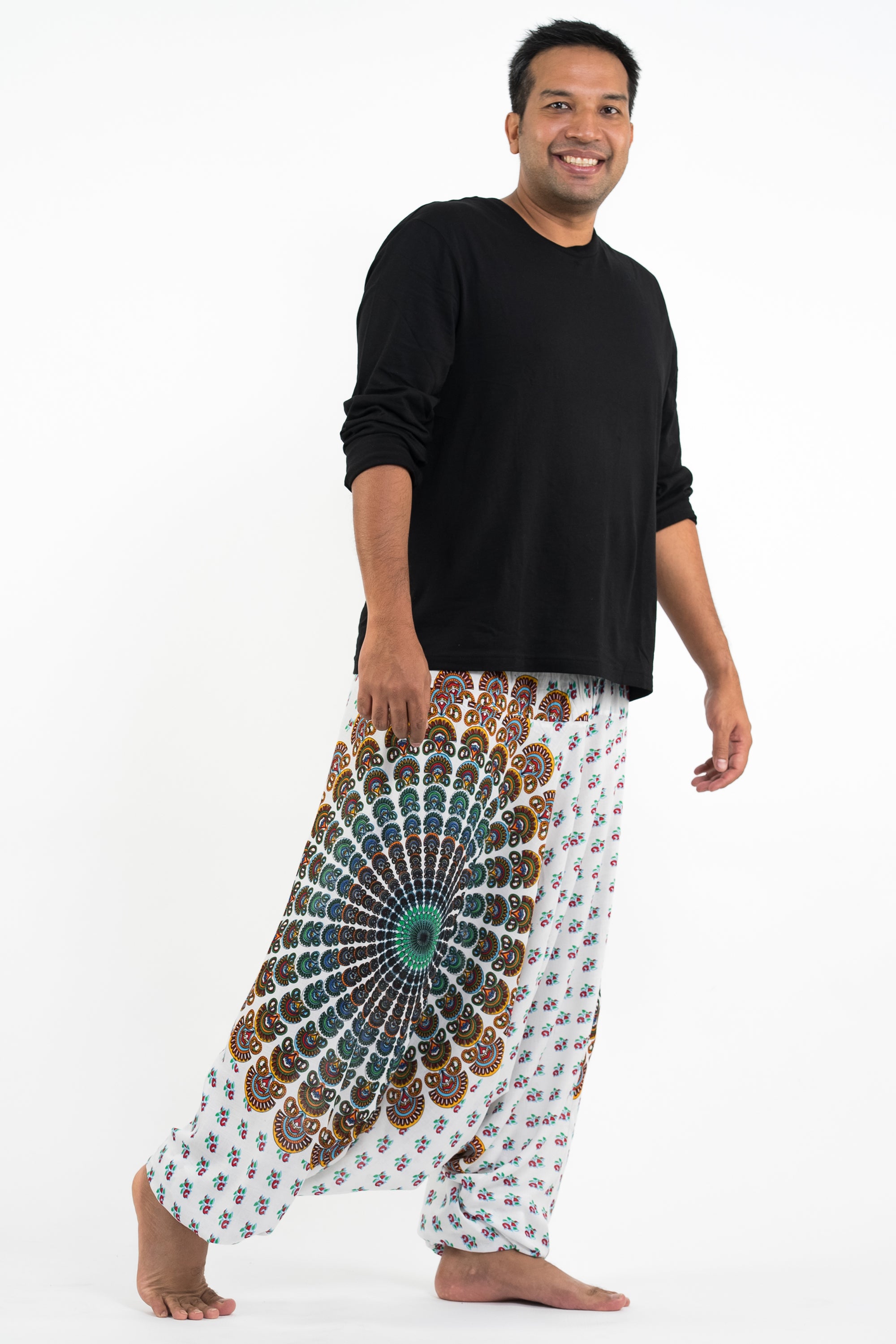 Plus Size Peacock Mandalas Drop Crotch Men's Harem Pants in White