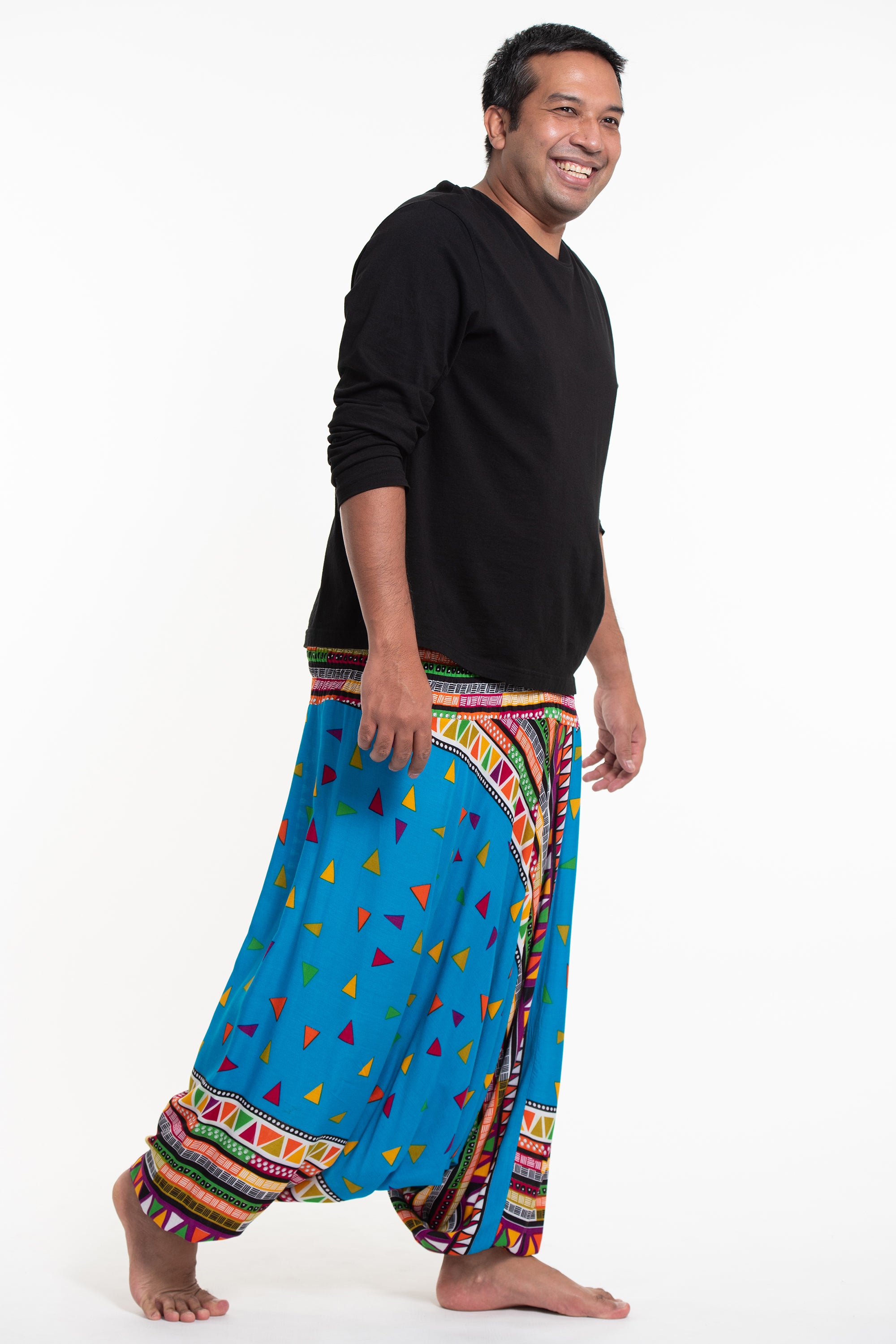 Plus Size Triangles Drop Crotch Men's Harem Pants in Ocean Blue
