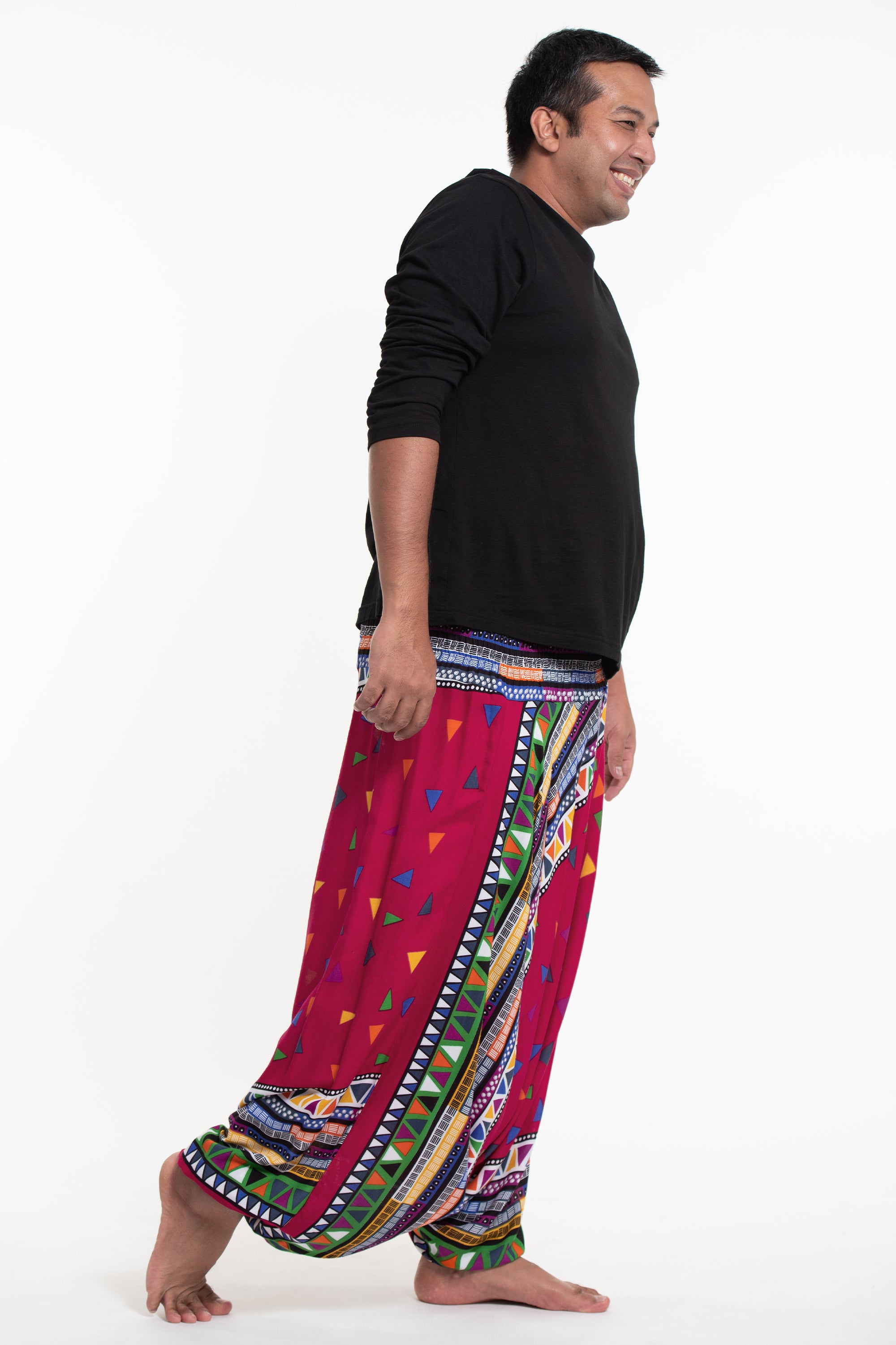 Plus Size Triangles Drop Crotch Men's Harem Pants in Pink