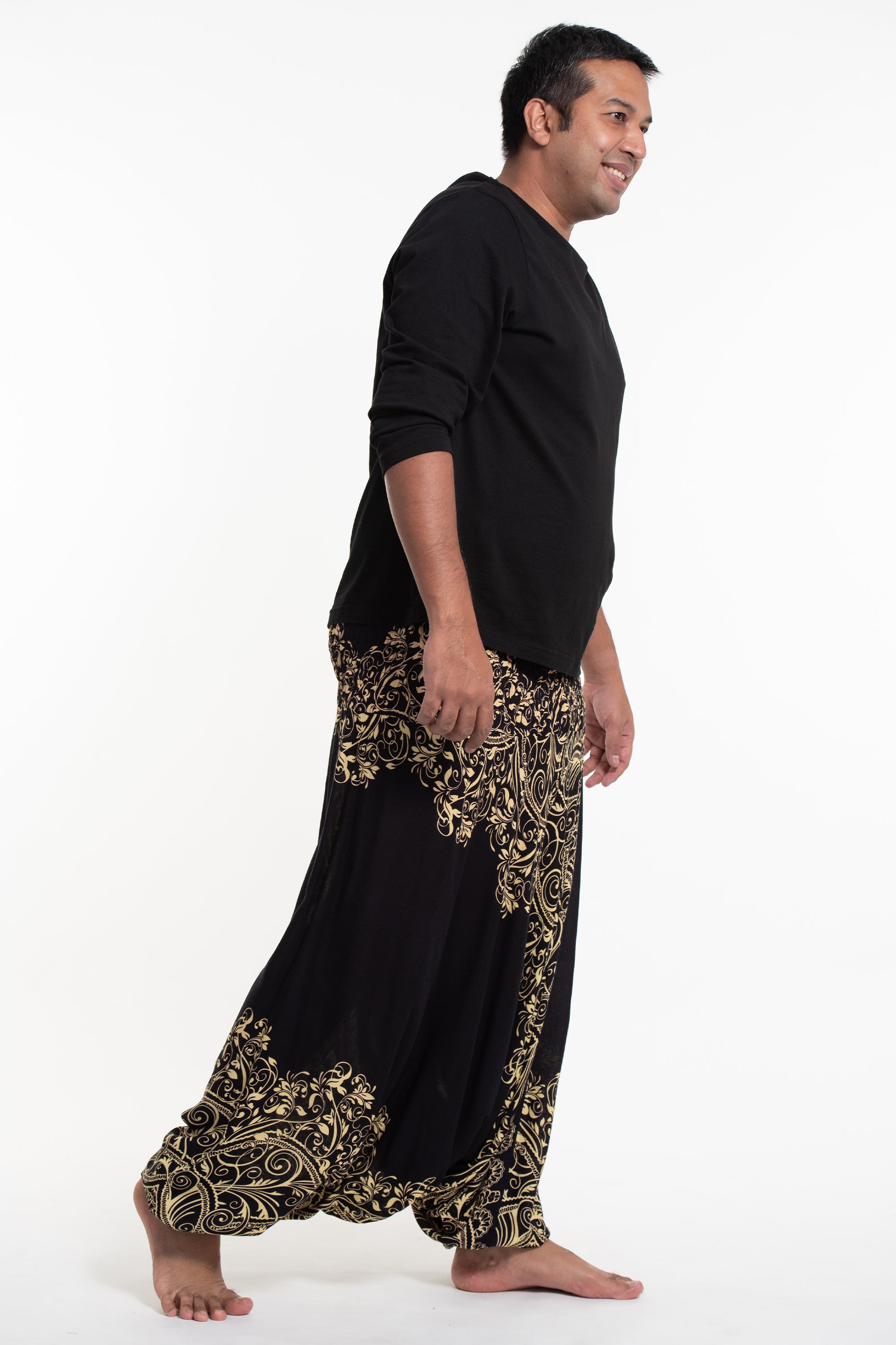Plus Size Vines Drop Crotch Men's Harem Pants in Black