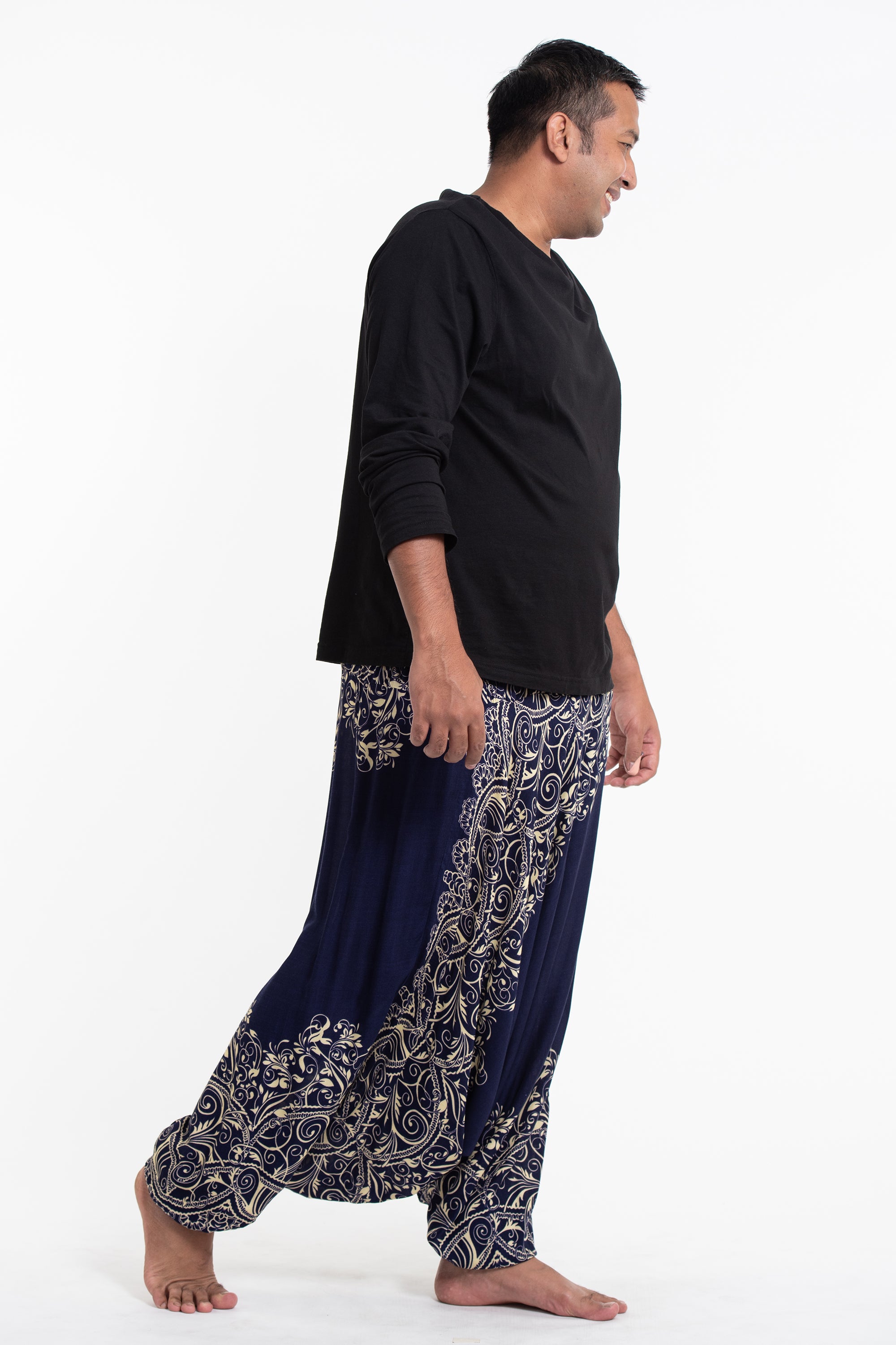 Plus Size Vines Drop Crotch Men's Harem Pants in Blue