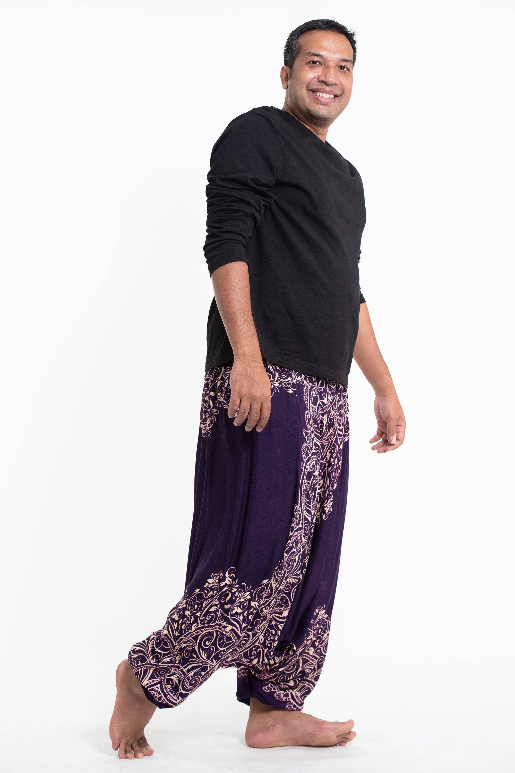Plus Size Vines Drop Crotch Men's Harem Pants in Purple