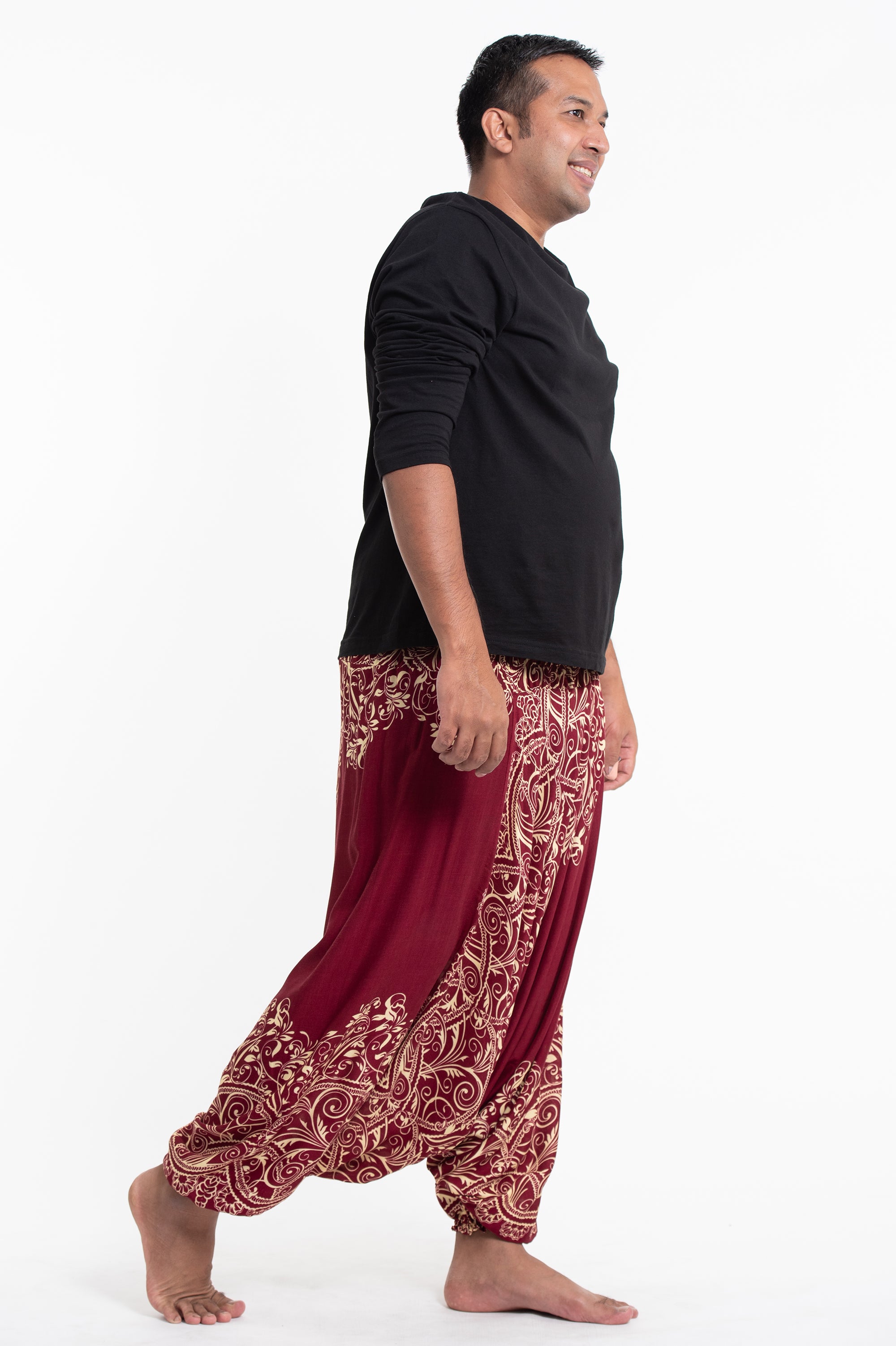 Plus Size Vines Drop Crotch Men's Harem Pants in Red