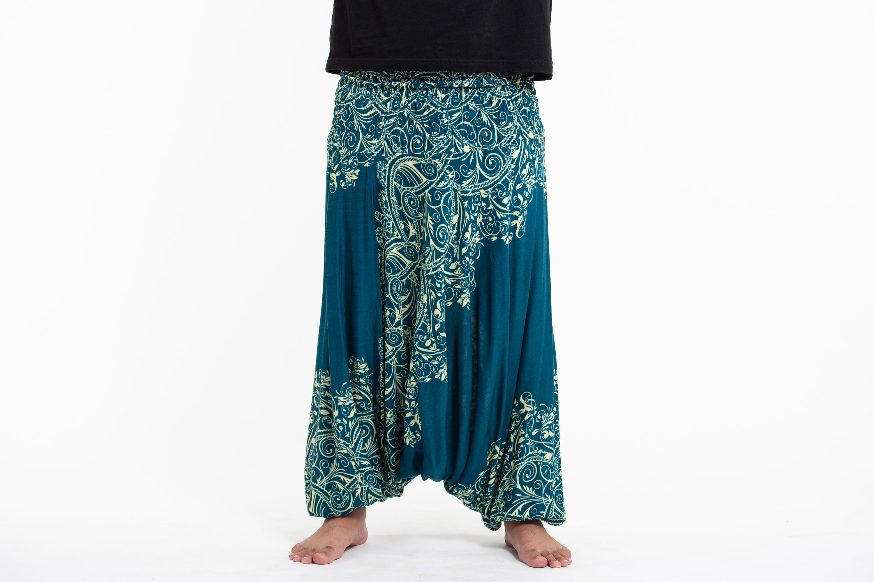 Plus Size Vines Drop Crotch Men's Harem Pants in Turquoise