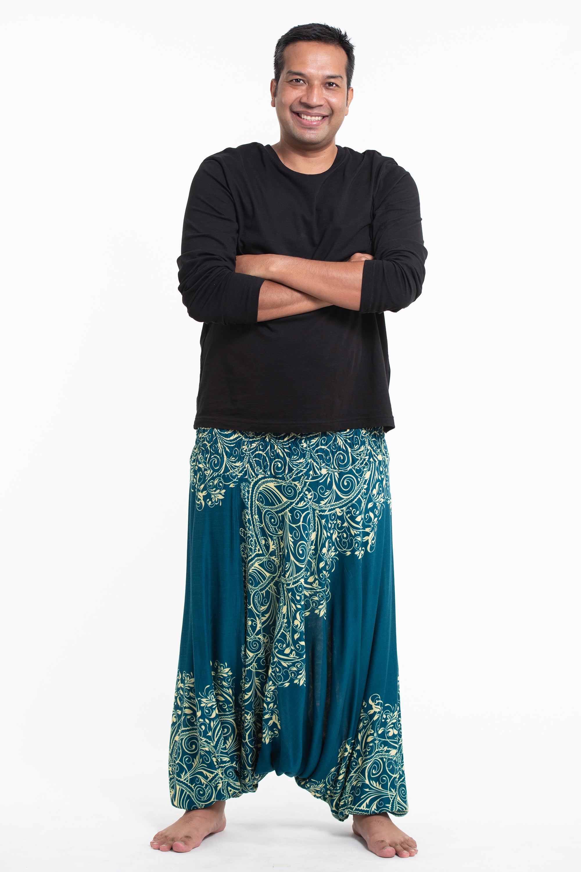 Plus Size Vines Drop Crotch Men's Harem Pants in Turquoise