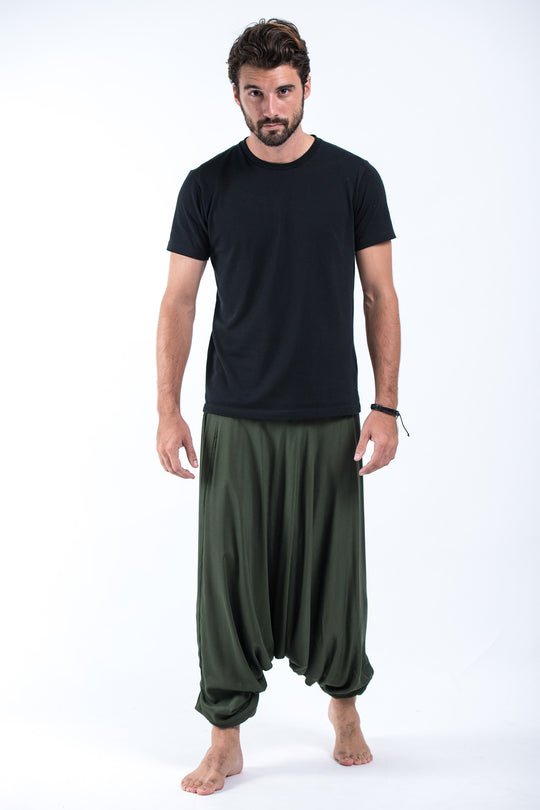Solid Color Drop Crotch Men's Harem Pants in Dark Green