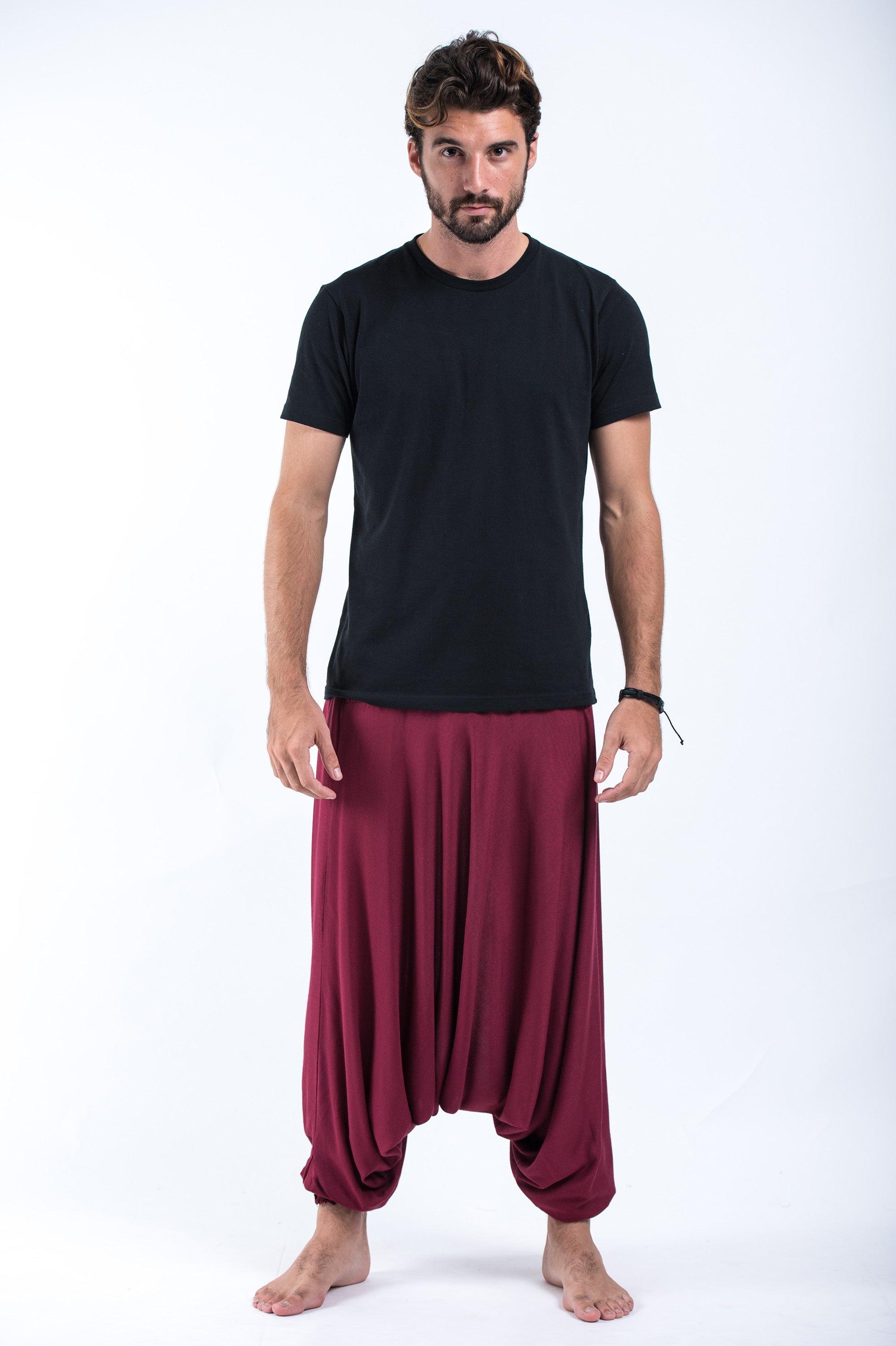 Solid Color Drop Crotch Men's Harem Pants in Red