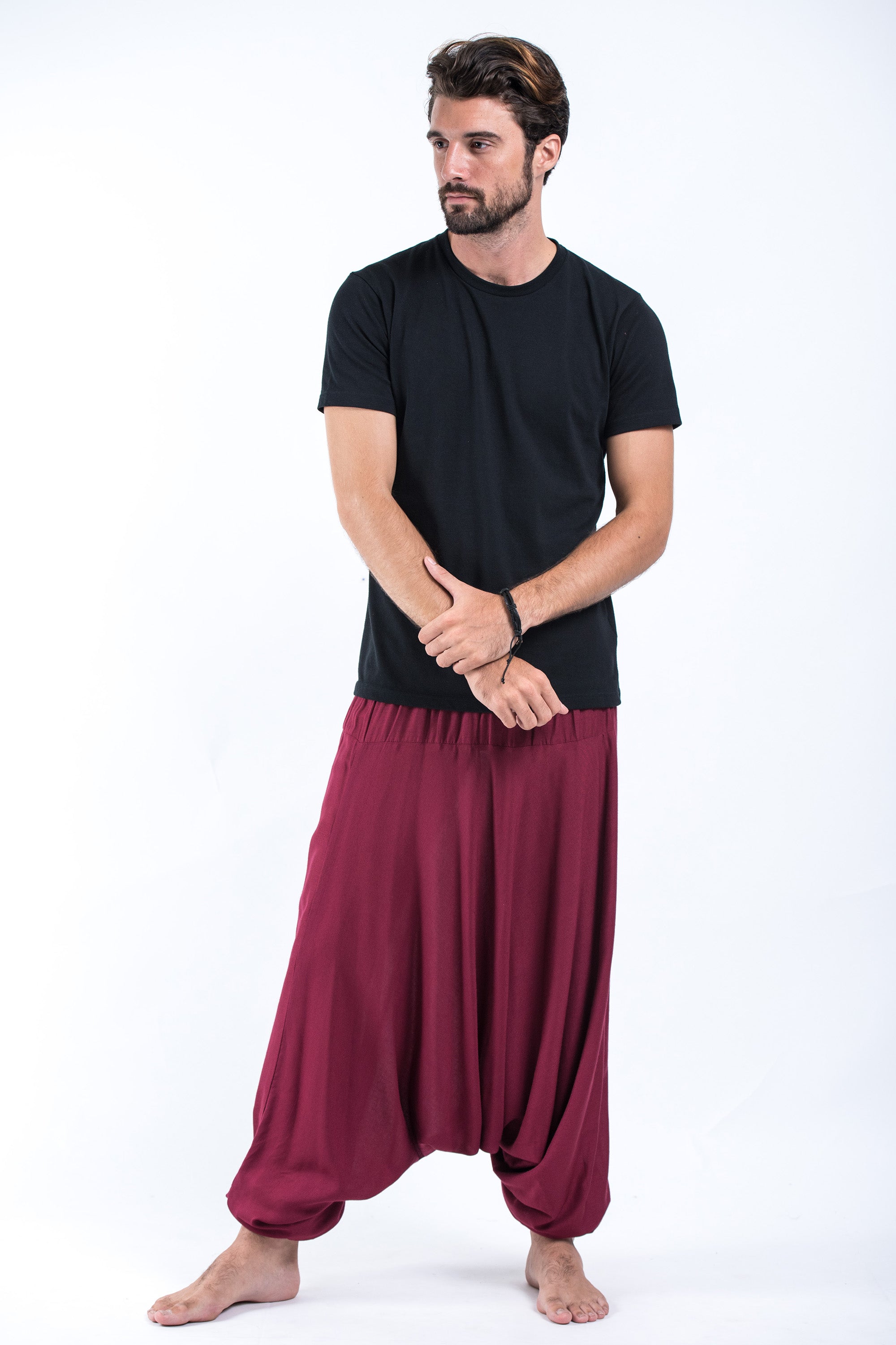 Solid Color Drop Crotch Men's Harem Pants in Red