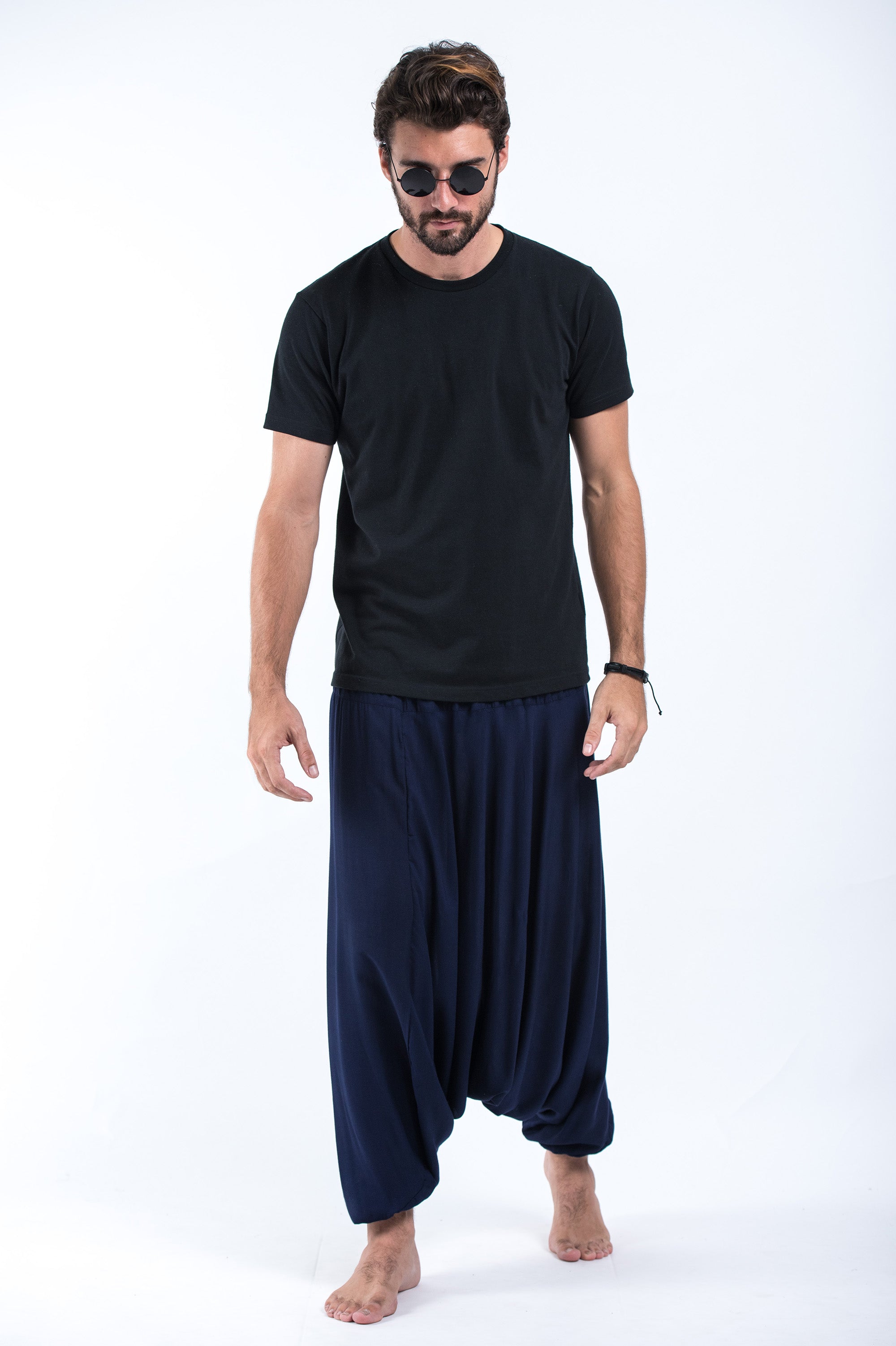 Solid Color Drop Crotch Men's Harem Pants in Blue