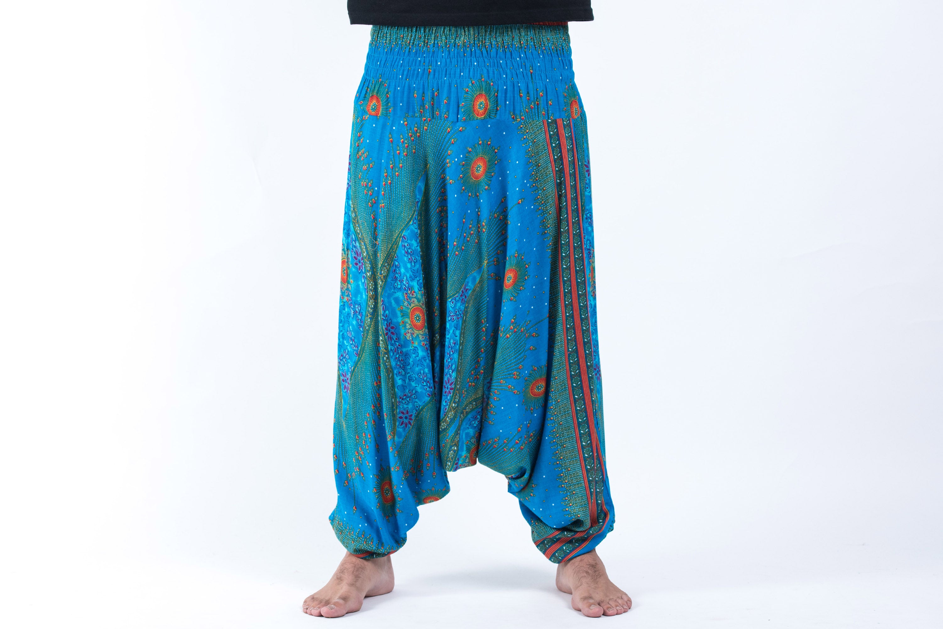 Peacock Eye Drop Crotch Men's Harem Pants in Blue