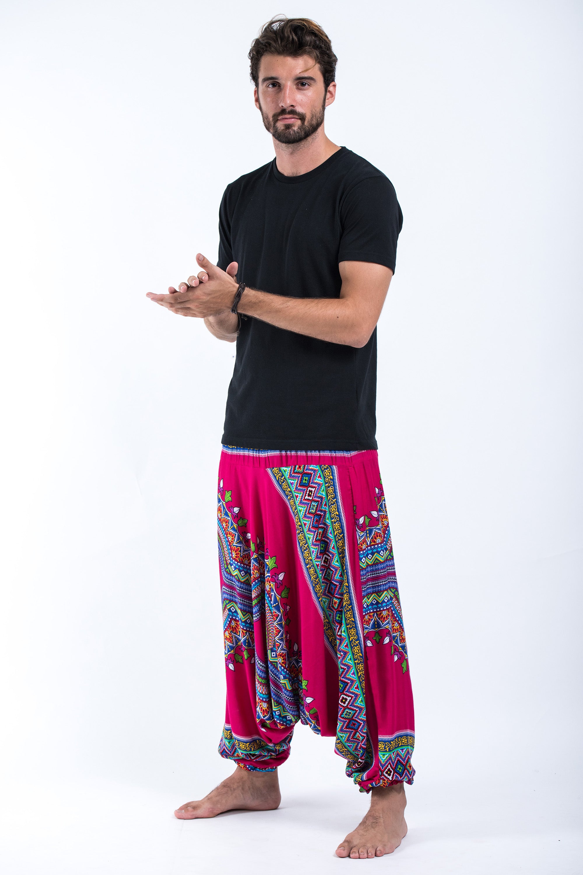 Dashiki Prints Drop Crotch Men's Harem Pants in Pink