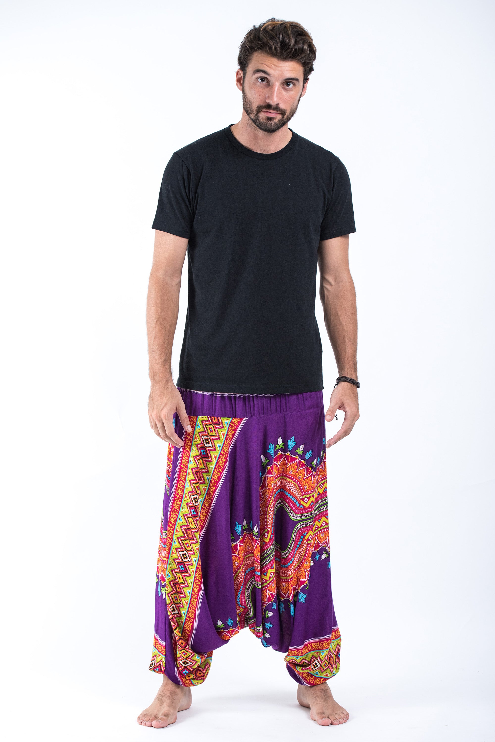 Dashiki Prints Drop Crotch Men's Harem Pants in Purple