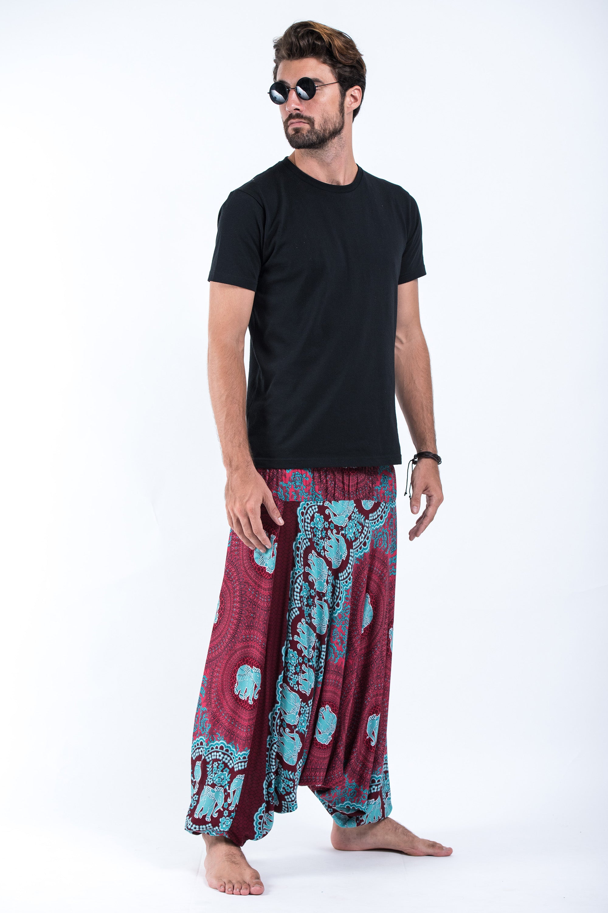 Mandala Elephant Drop Crotch Men's Elephant Pants in Red
