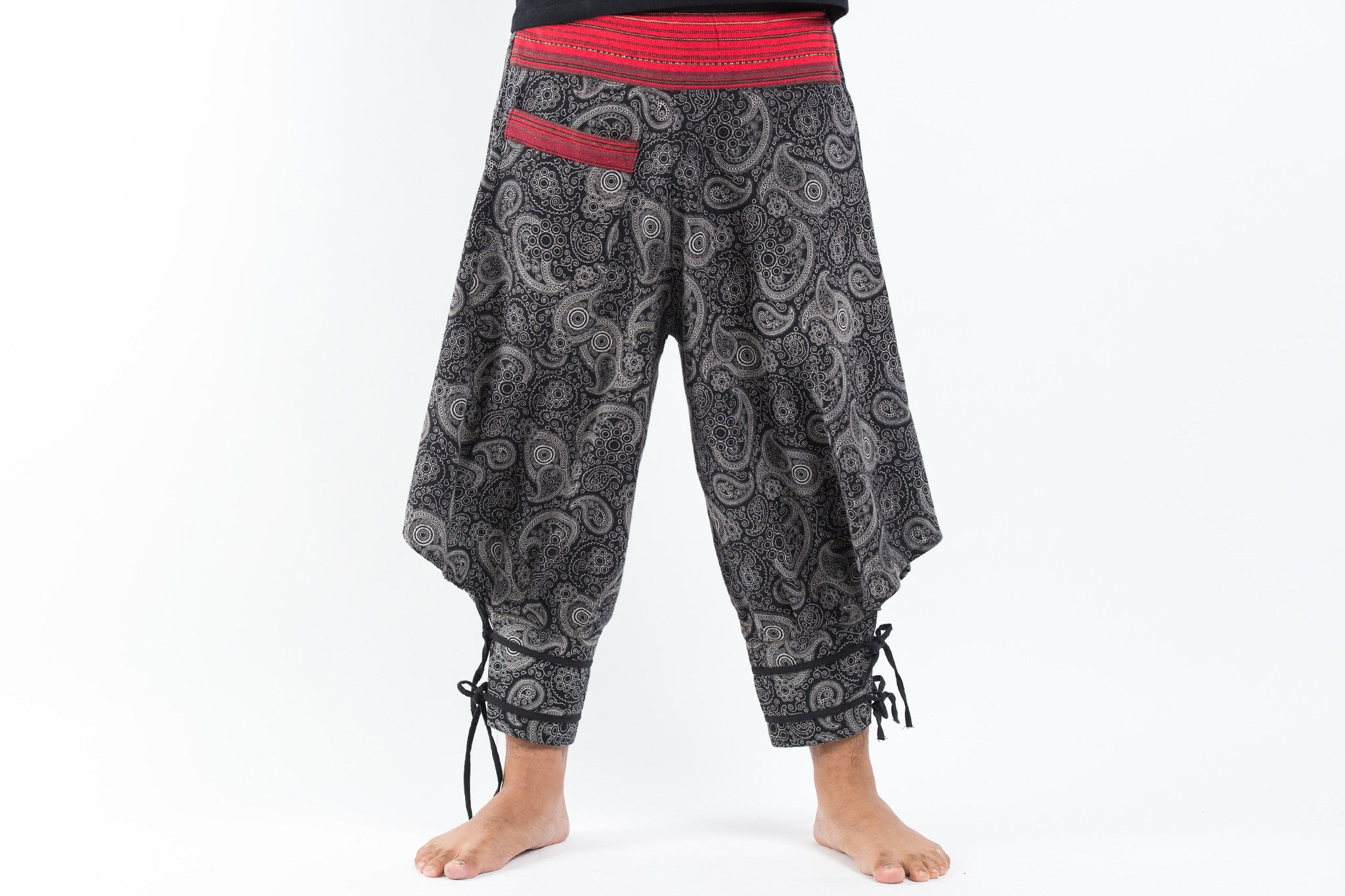 Paisley Thai Hill Tribe Fabric Men's High Cut Harem Pants with Ankle Straps