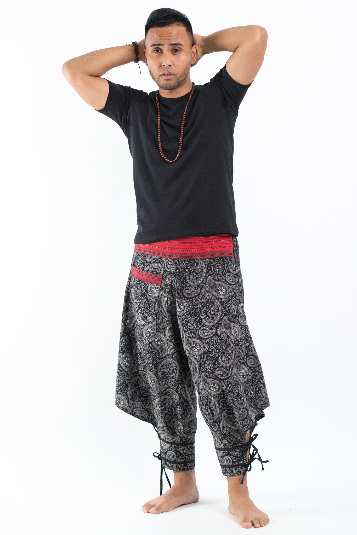 Paisley Thai Hill Tribe Fabric Men's High Cut Harem Pants with Ankle Straps