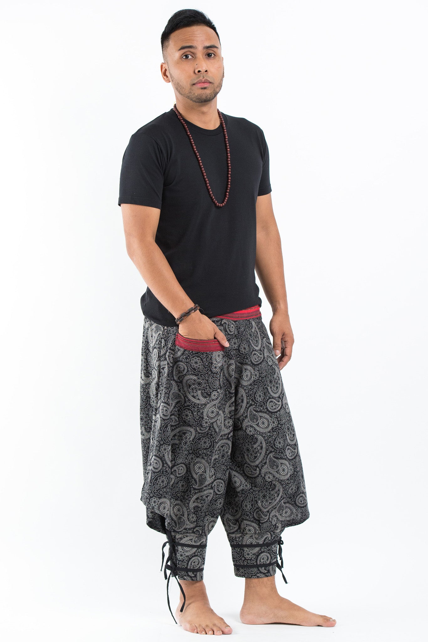 Paisley Thai Hill Tribe Fabric Men's High Cut Harem Pants with Ankle Straps