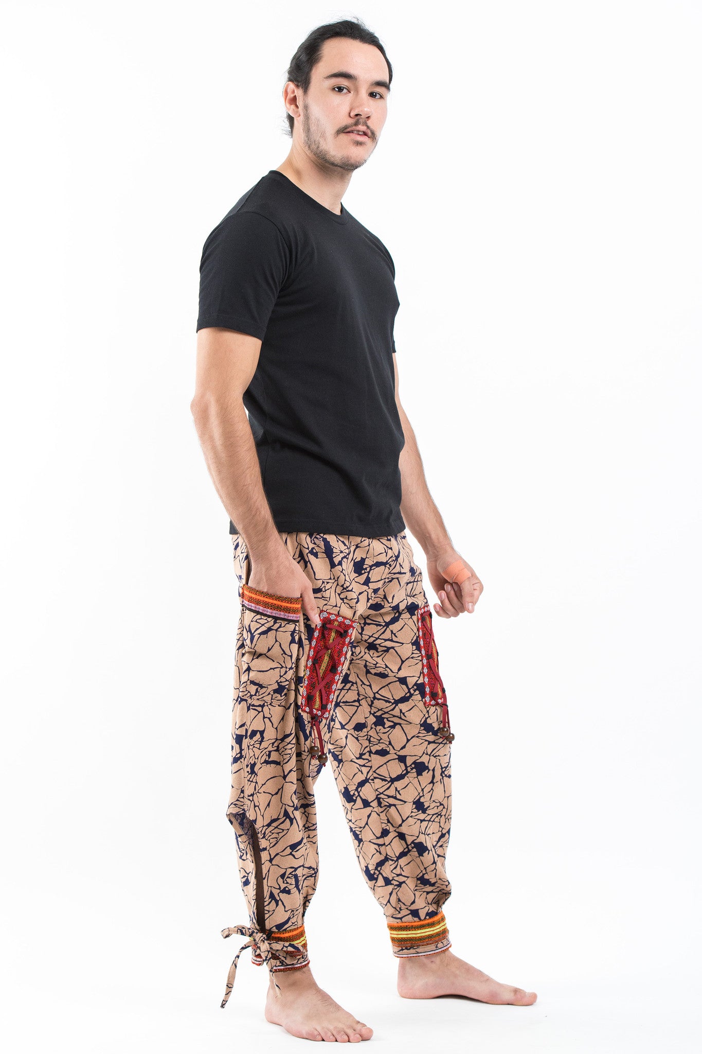 Shattered Pattern Thai Hill Tribe Fabric Men's Harem Pants with Ankle Cuffs