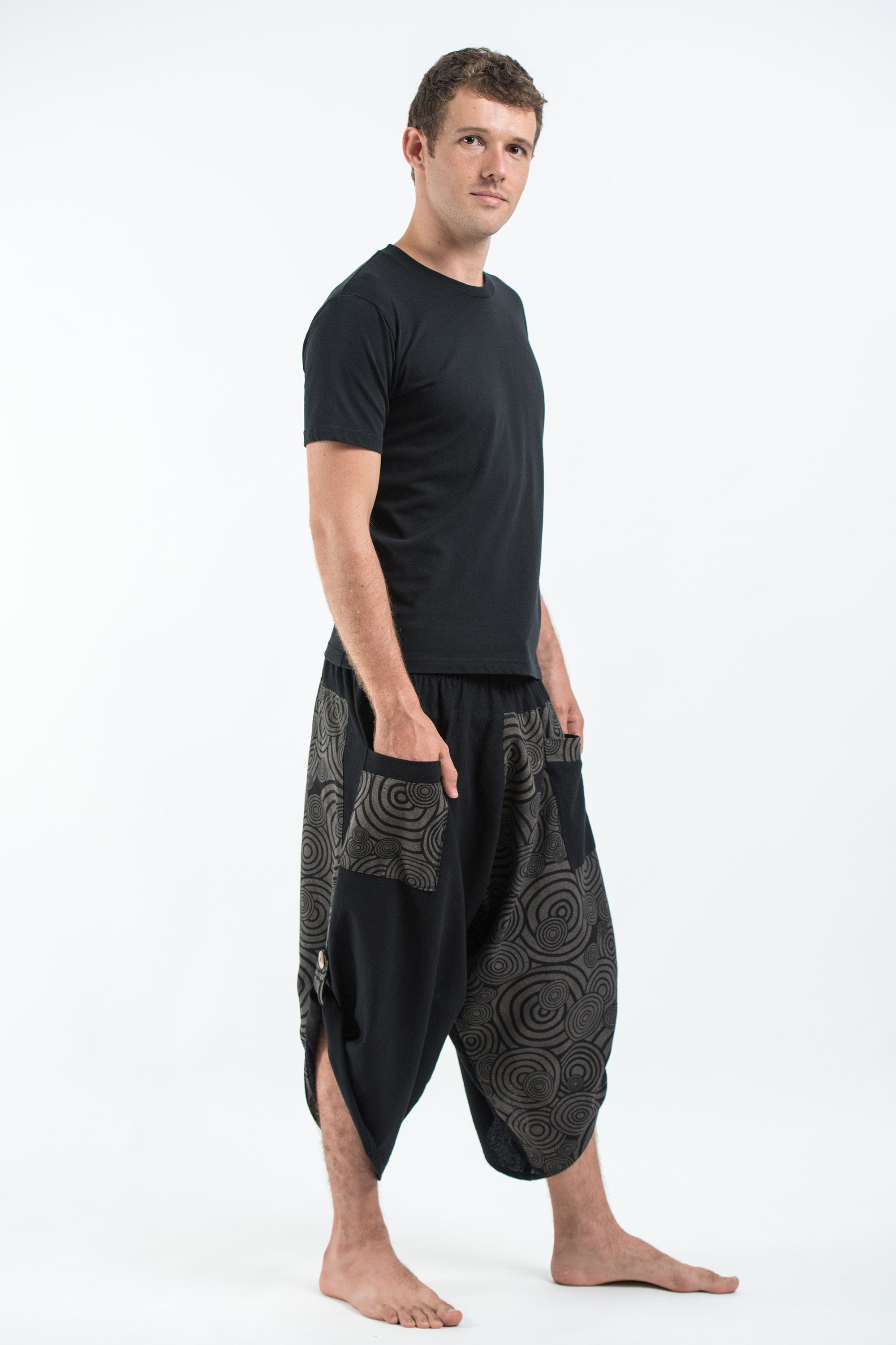 Two Tone Swirls Prints Men's Three Quarter Pants in Black Gray – Harem ...