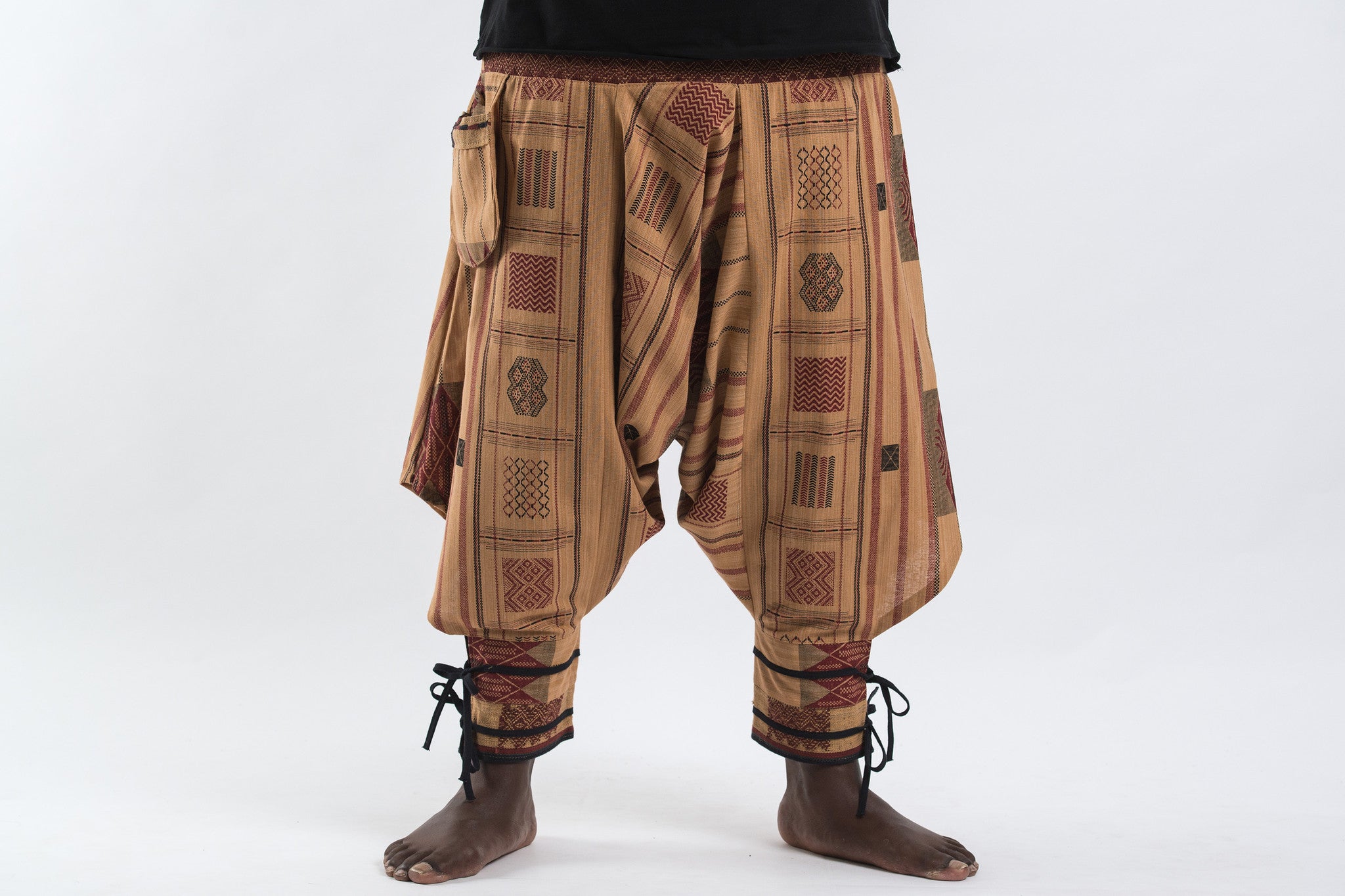 Plus Size Thai Hill Tribe Fabric Men Harem Pants with Ankle Straps in Beige