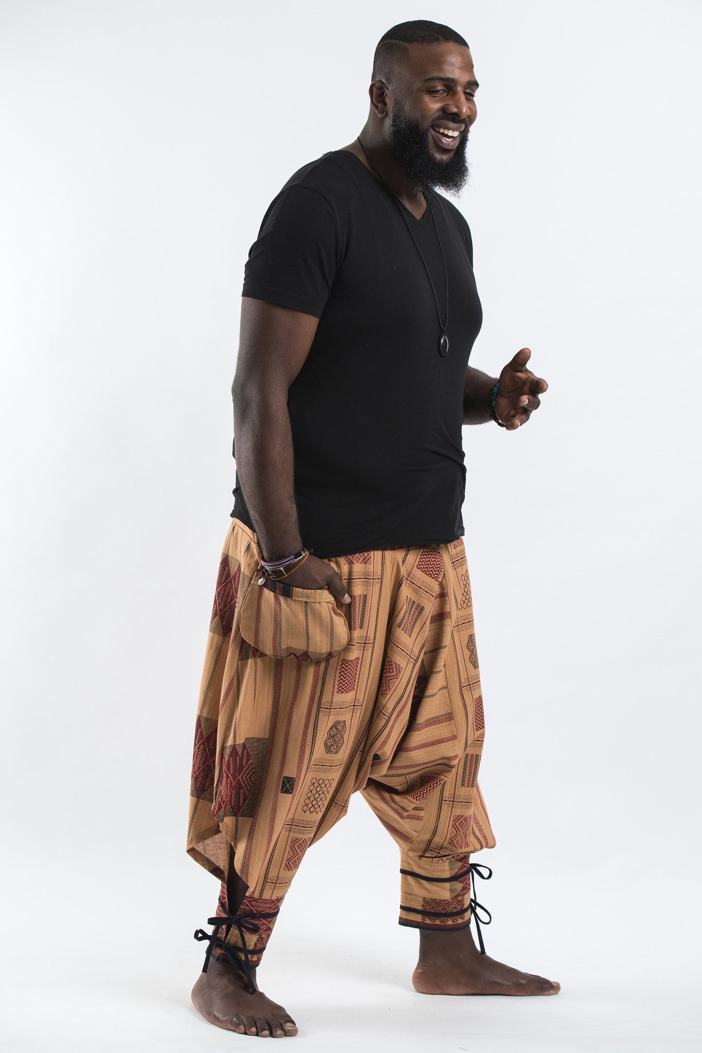 Plus Size Thai Hill Tribe Fabric Men Harem Pants with Ankle Straps in Beige