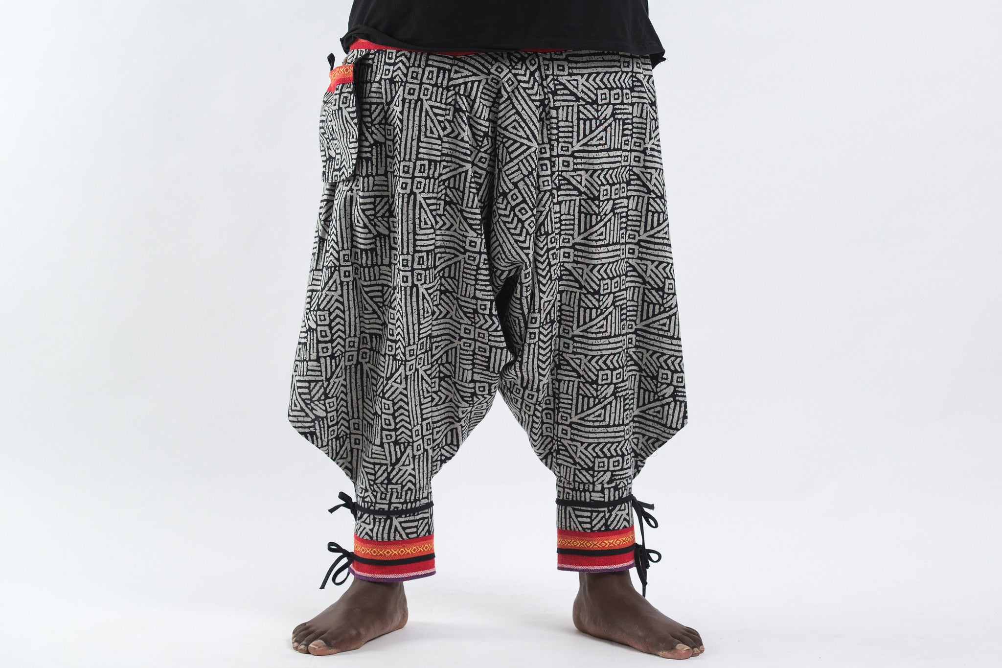 Plus Size Woven Prints Thai Hill Tribe Fabric Men Harem Pants with Ankle Straps in Black