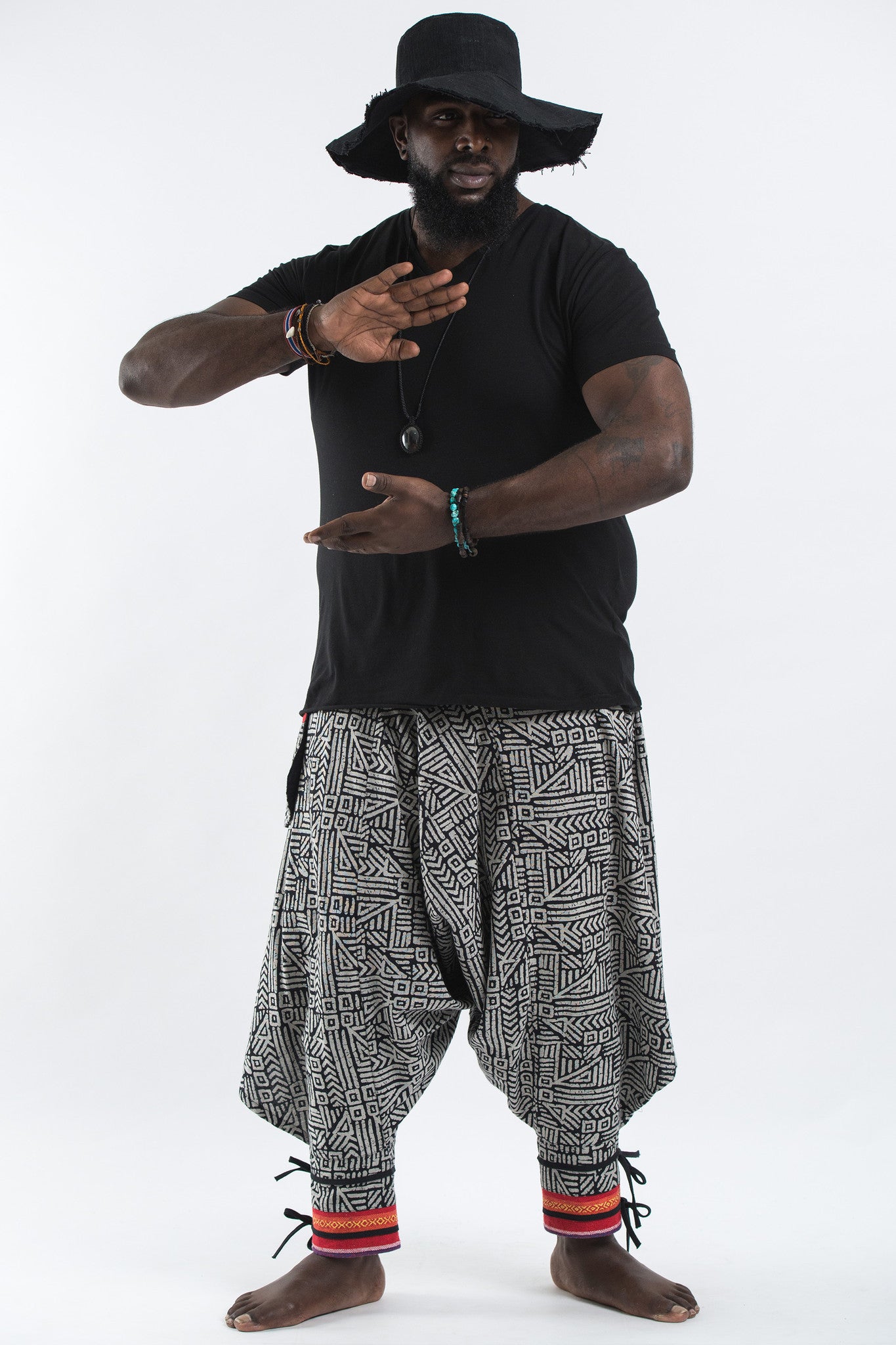 Plus Size Woven Prints Thai Hill Tribe Fabric Men Harem Pants with Ankle Straps in Black