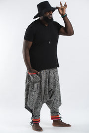 Plus Size Woven Prints Thai Hill Tribe Fabric Men Harem Pants with Ankle Straps in Black