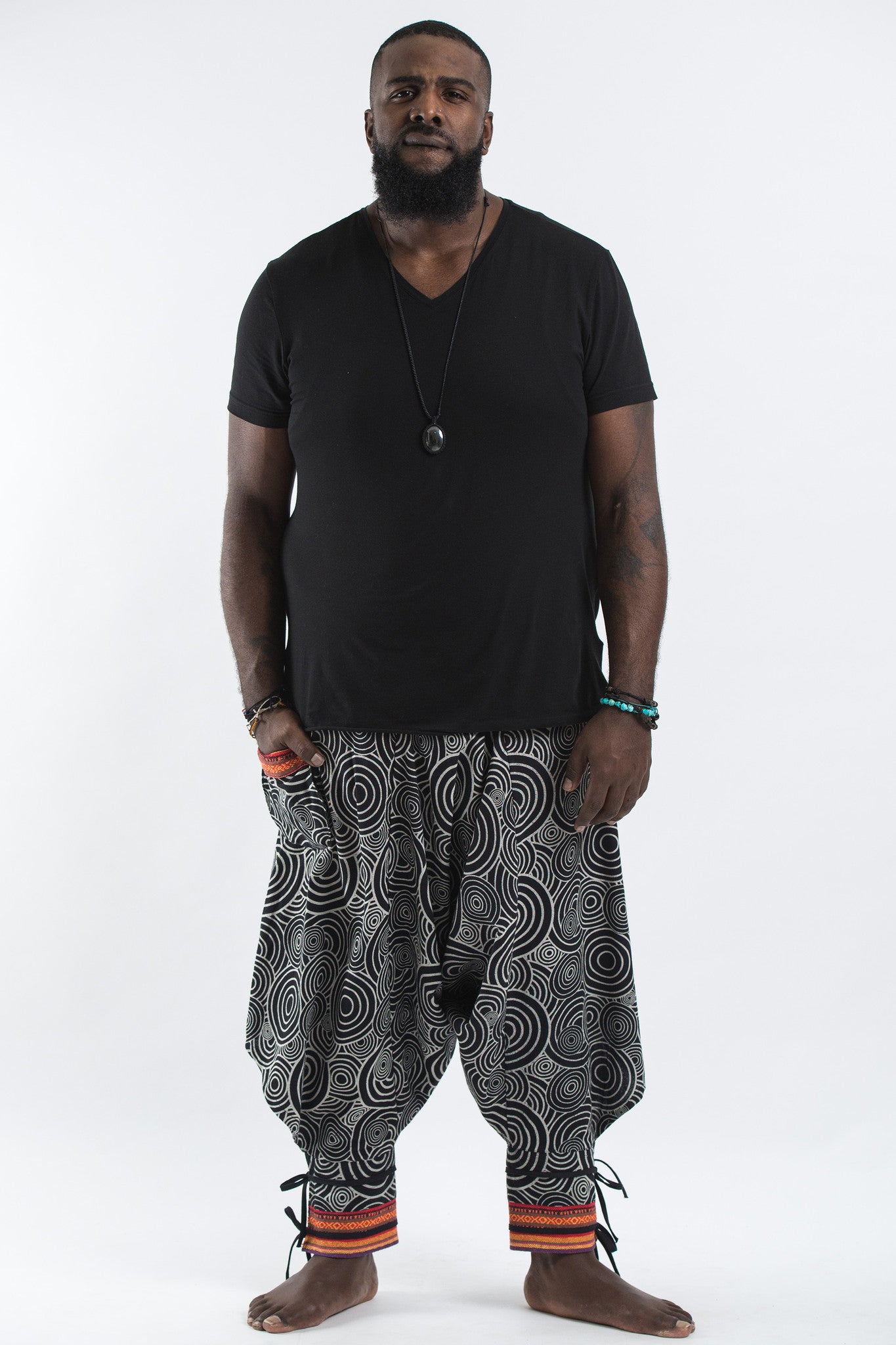 Plus Size Swirls Prints Thai Hill Tribe Fabric Men Harem Pants with Ankle Straps in Black