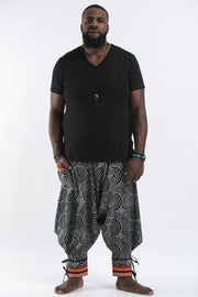 Plus Size Swirls Prints Thai Hill Tribe Fabric Men Harem Pants with Ankle Straps in Black