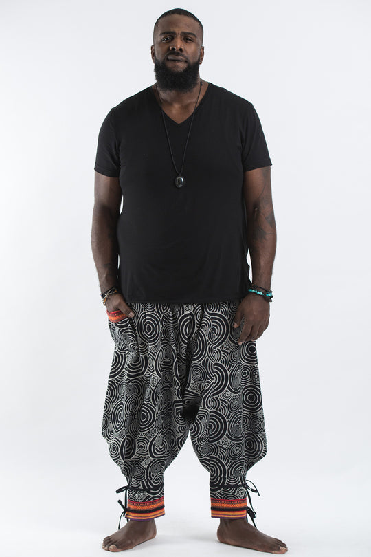 Plus Size Swirls Prints Thai Hill Tribe Fabric Men Harem Pants with Ankle Straps in Black