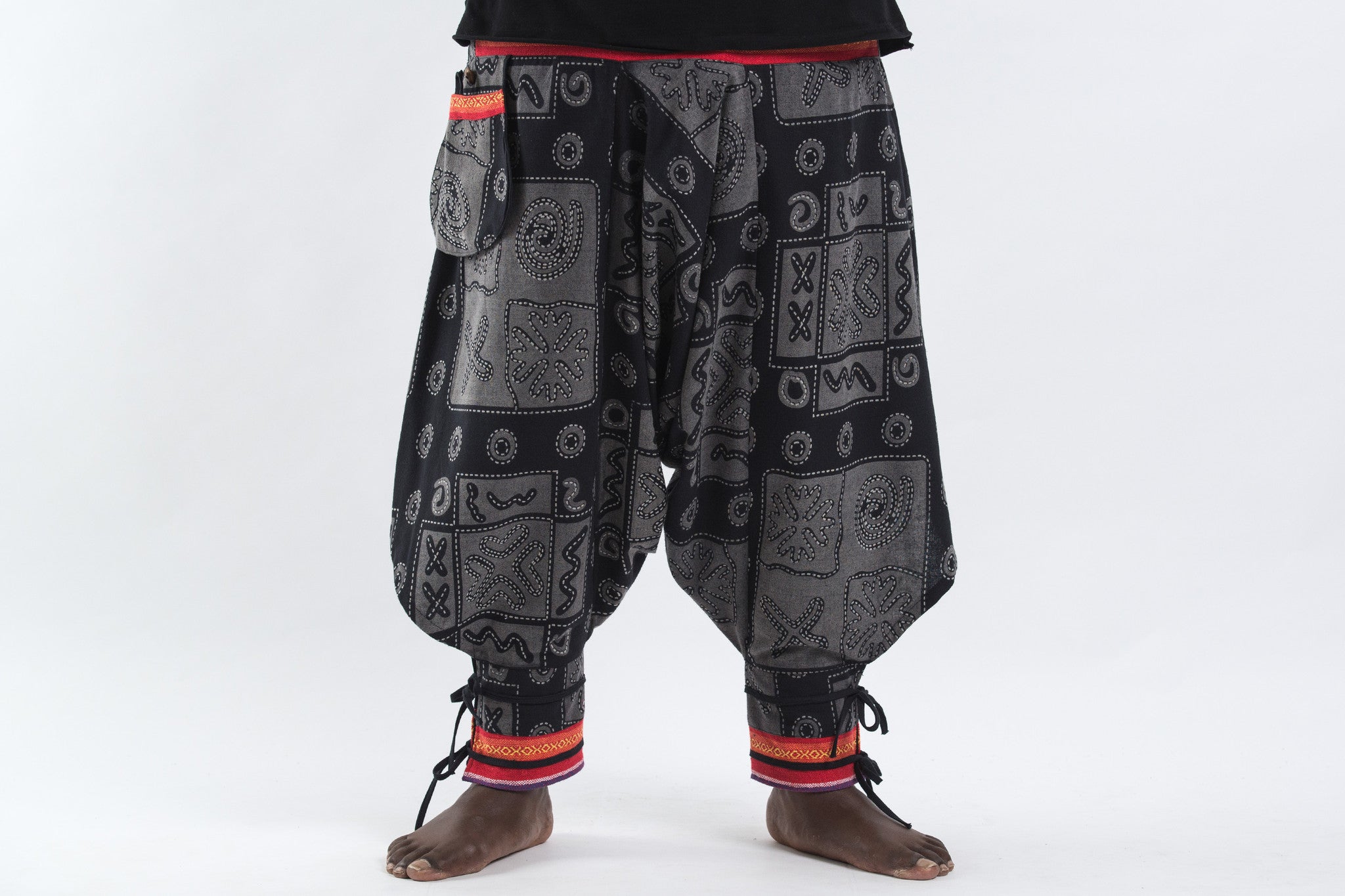 Plus Size Black and Gray Thai Hill Tribe Fabric Men Harem Pants with Ankle Straps