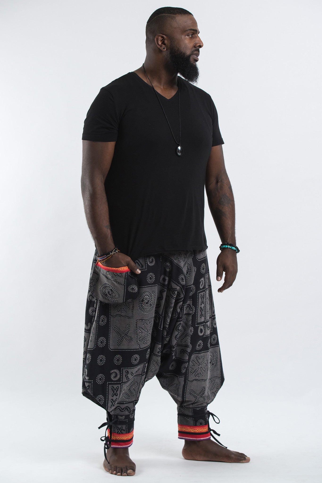 Plus Size Black and Gray Thai Hill Tribe Fabric Men Harem Pants with Ankle Straps