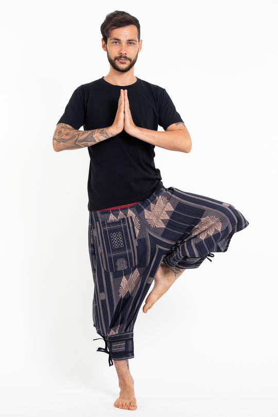 Thai Hill Tribe Fabric Men's Harem Pants with Ankle Straps in Artisan Blue