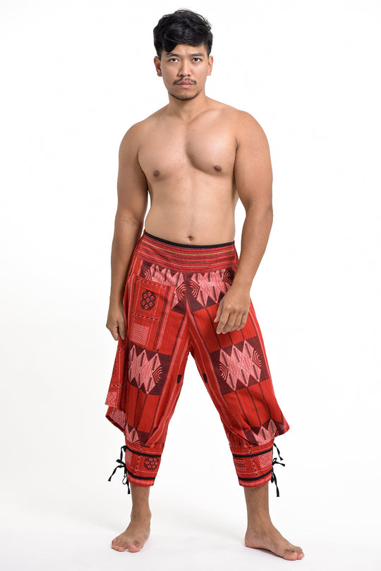 Thai Hill Tribe Fabric Men's Harem Pants with Ankle Straps in Red