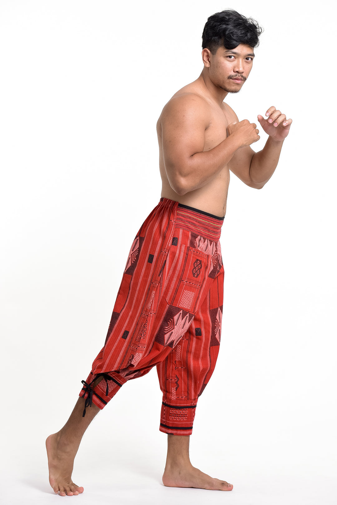 Thai Hill Tribe Fabric Men's Harem Pants with Ankle Straps in Red