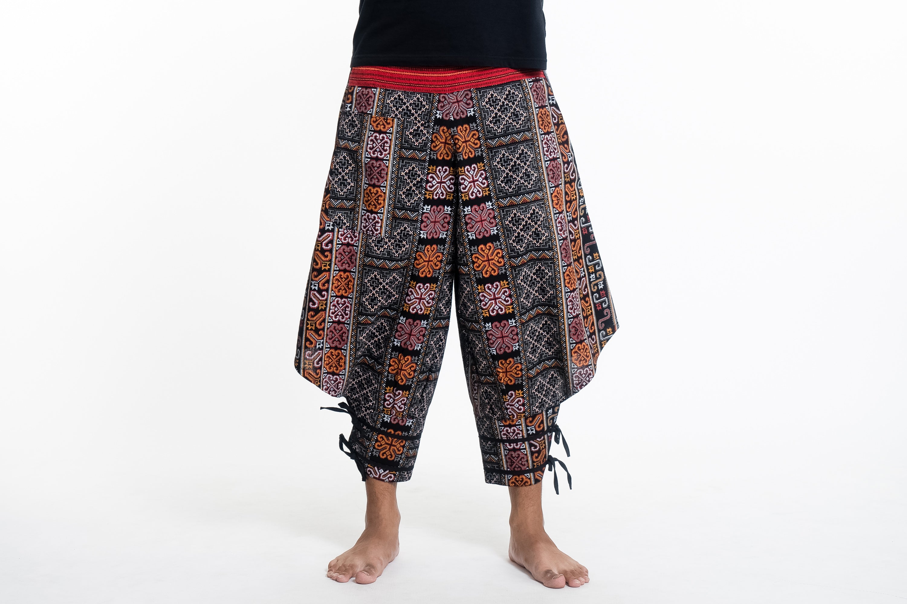 Clovers Thai Hill Tribe Fabric Men's Harem Pants with Ankle Straps in Black