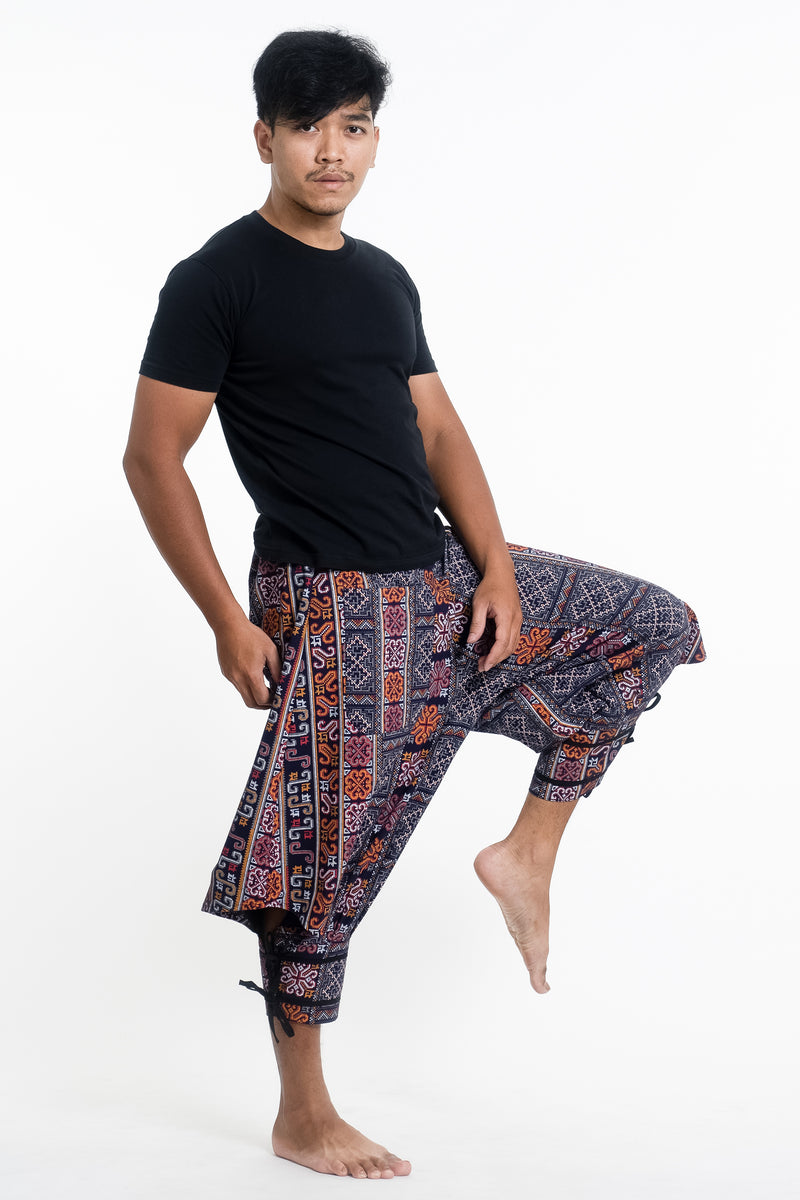 Clovers Thai Hill Tribe Fabric Men Harem Pants with Ankle Straps in Blue
