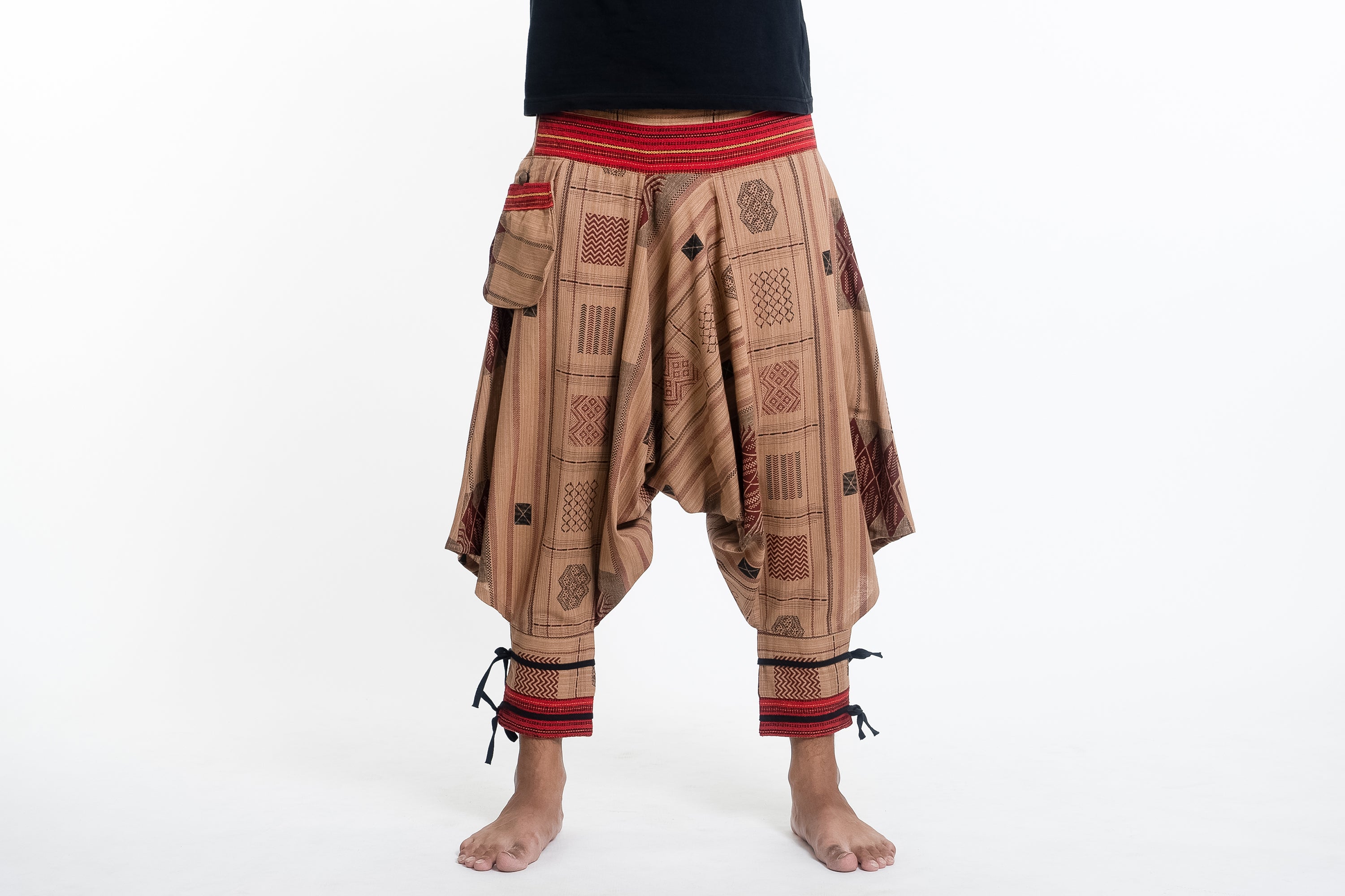 Thai Hill Tribe Fabric Men's Harem Pants with Ankle Straps in Beige