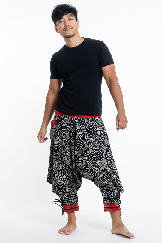 Swirls Prints Thai Hill Tribe Fabric Men's Harem Pants with Ankle Straps in Black