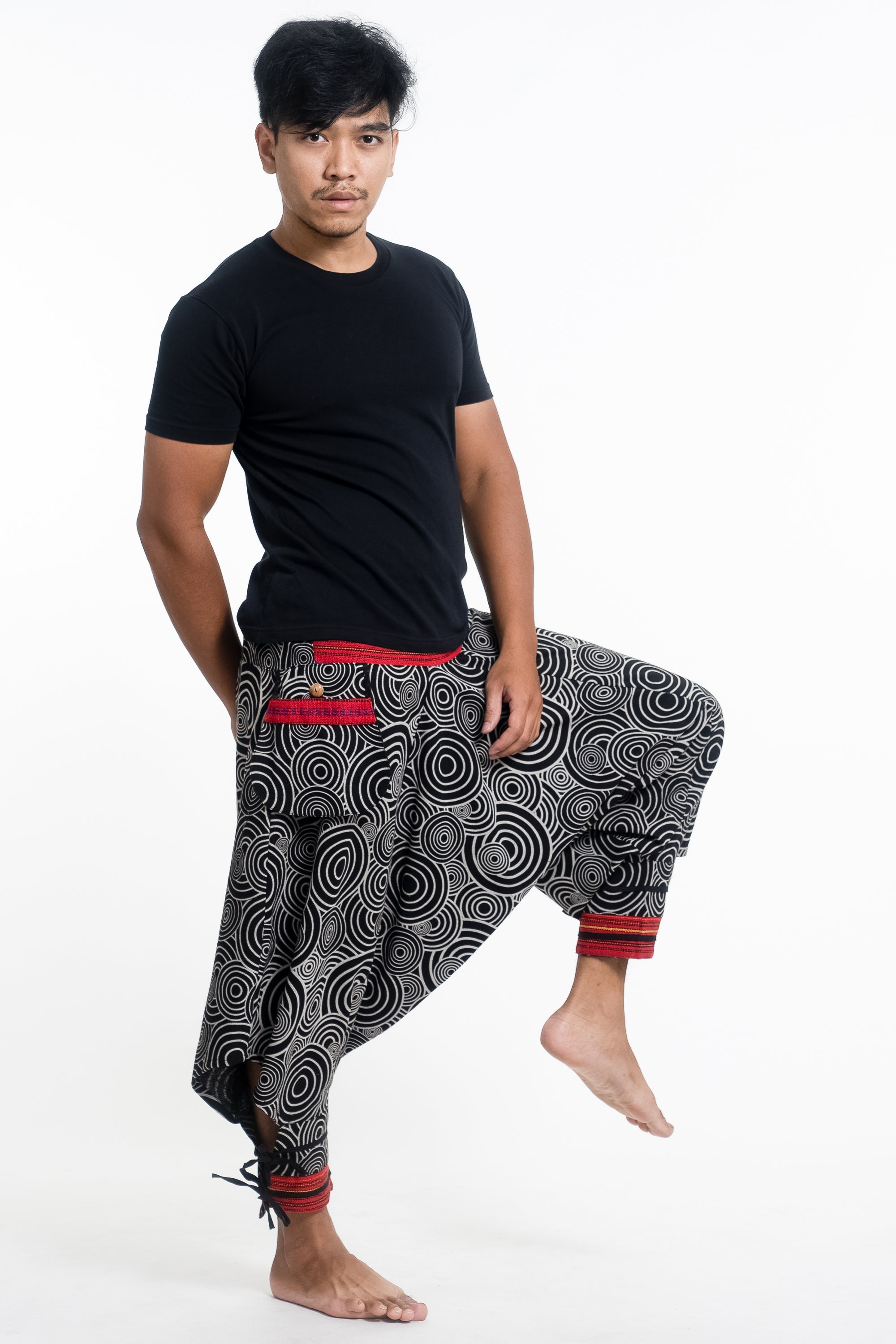 Swirls Prints Thai Hill Tribe Fabric Men's Harem Pants with Ankle Straps in Black