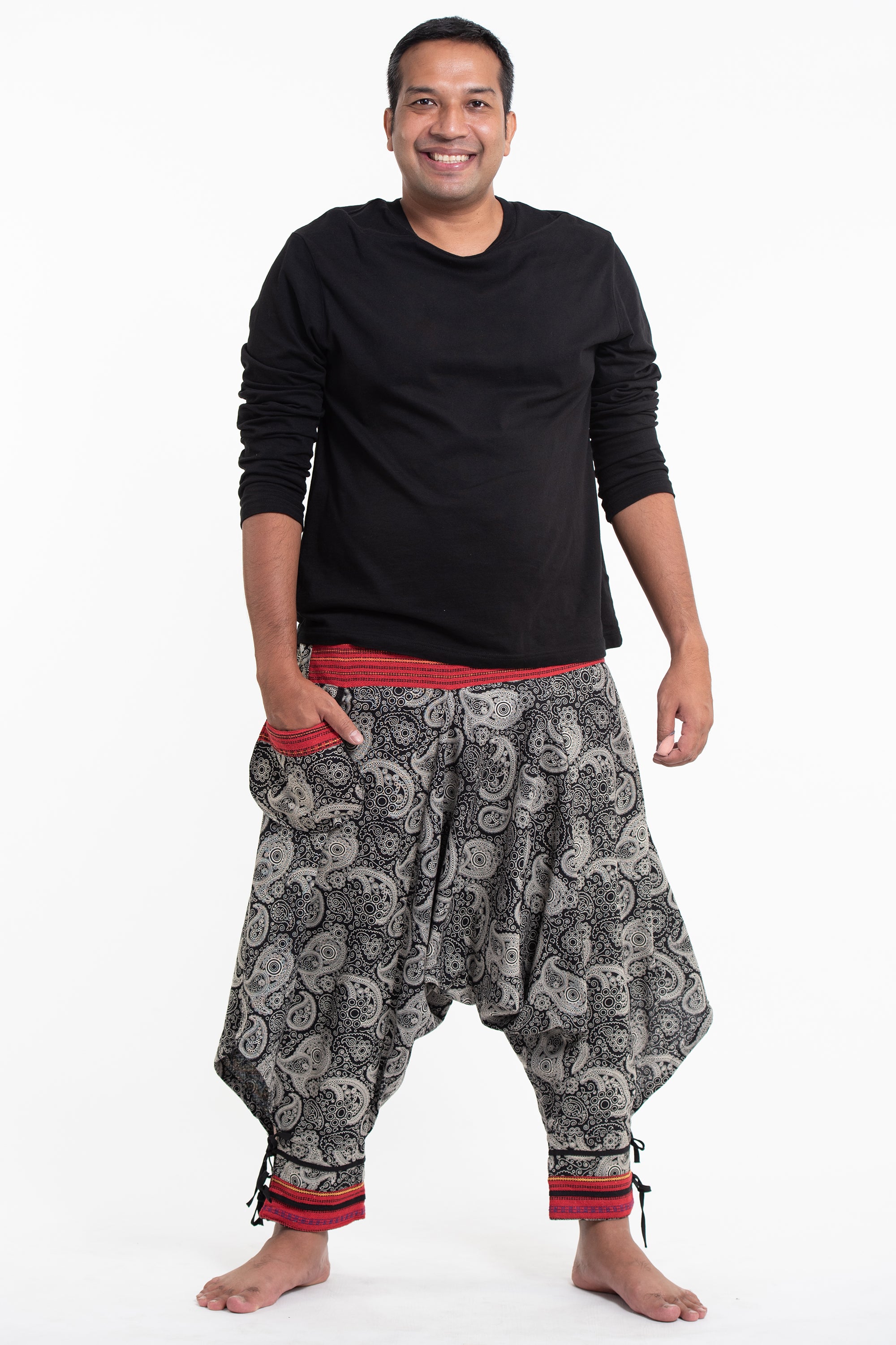 Plus Size Paisley Thai Hill Tribe Fabric Men's Harem Pants with Ankle Straps
