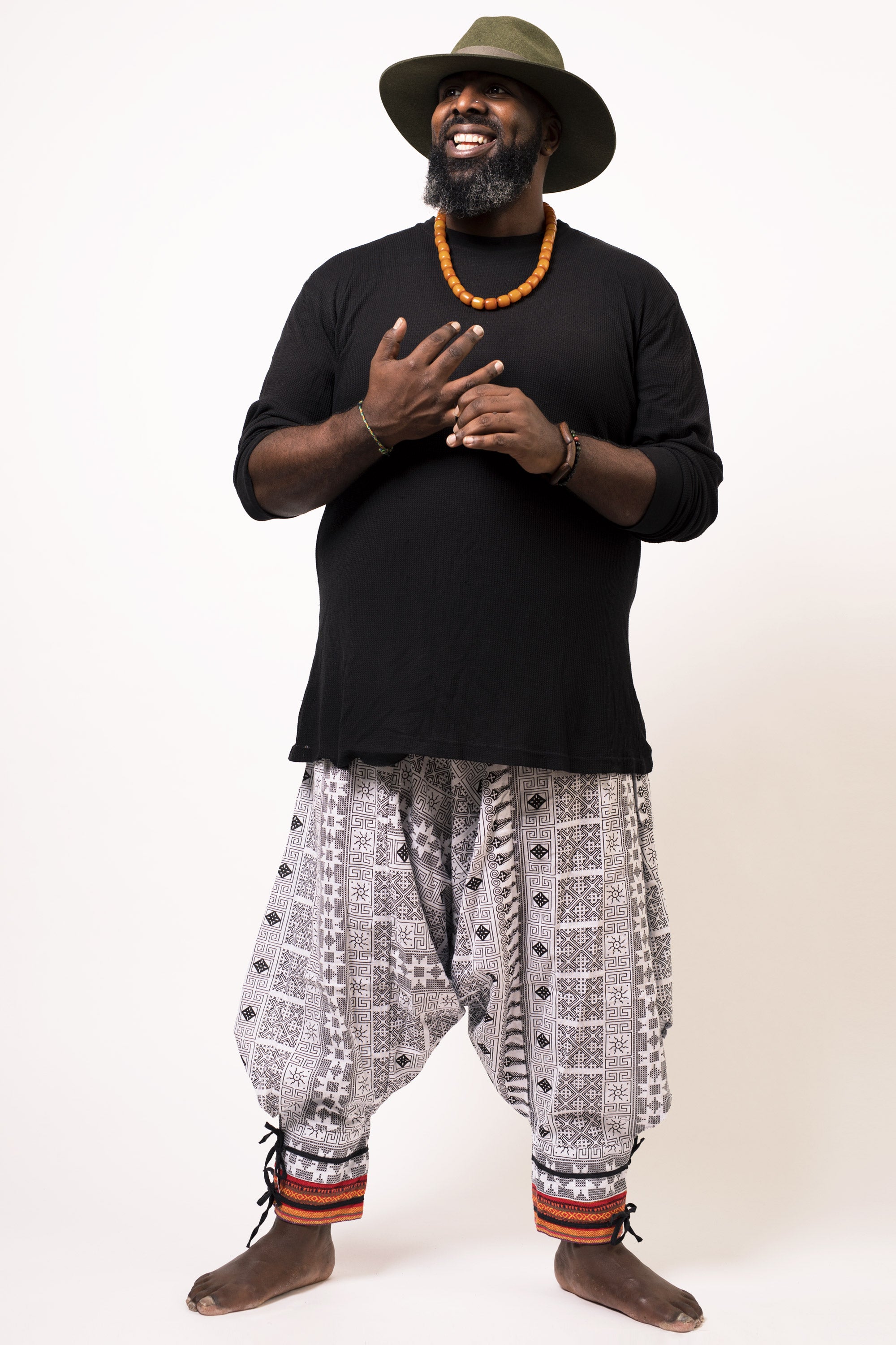 Plus Size Traditional Prints Thai Hill Tribe Fabric Men's Harem Pants with Ankle Straps in White