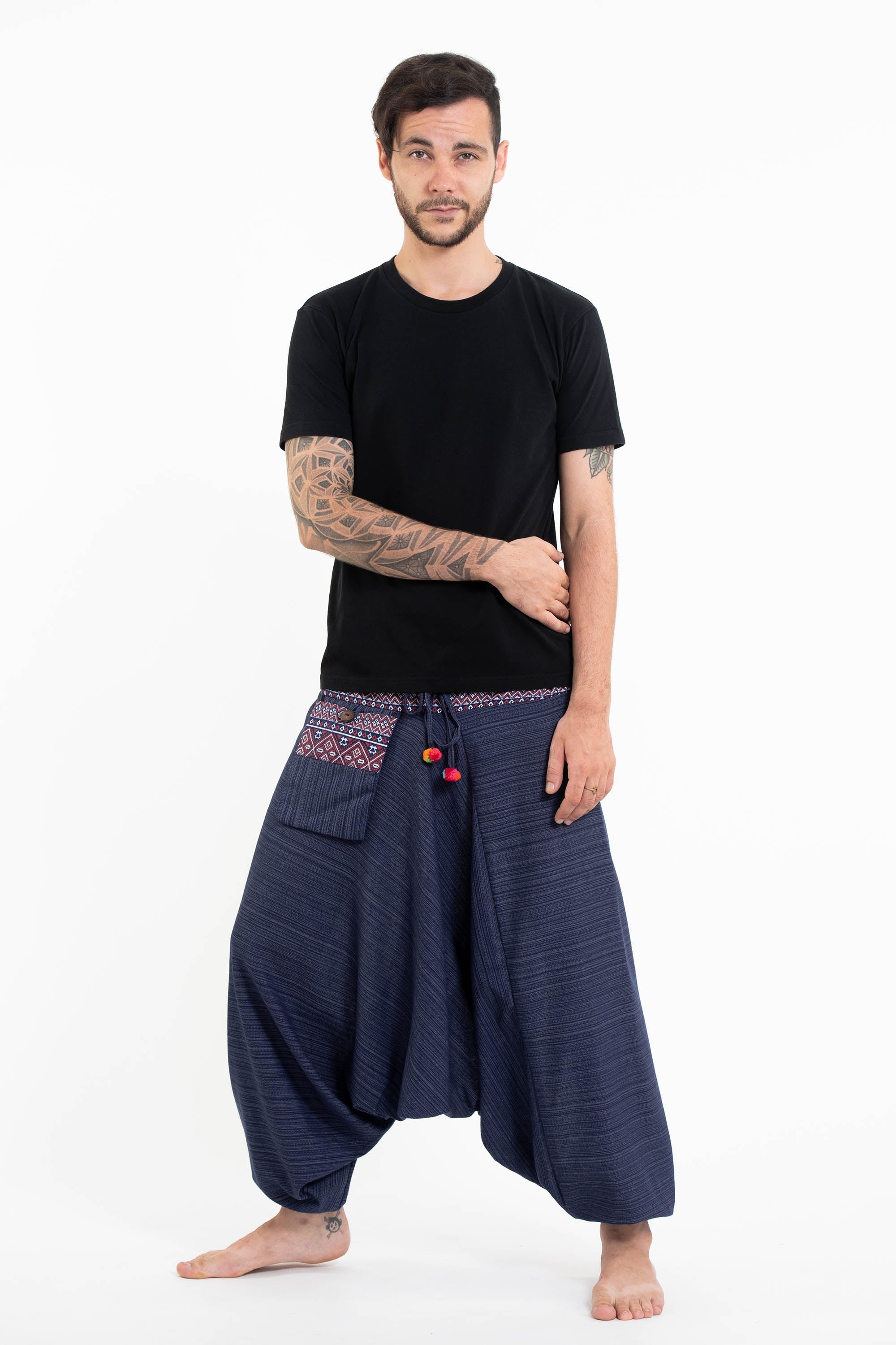 Pinstripe Cotton Low Cut Men's Harem Pants With Hill Tribe Trim Navy