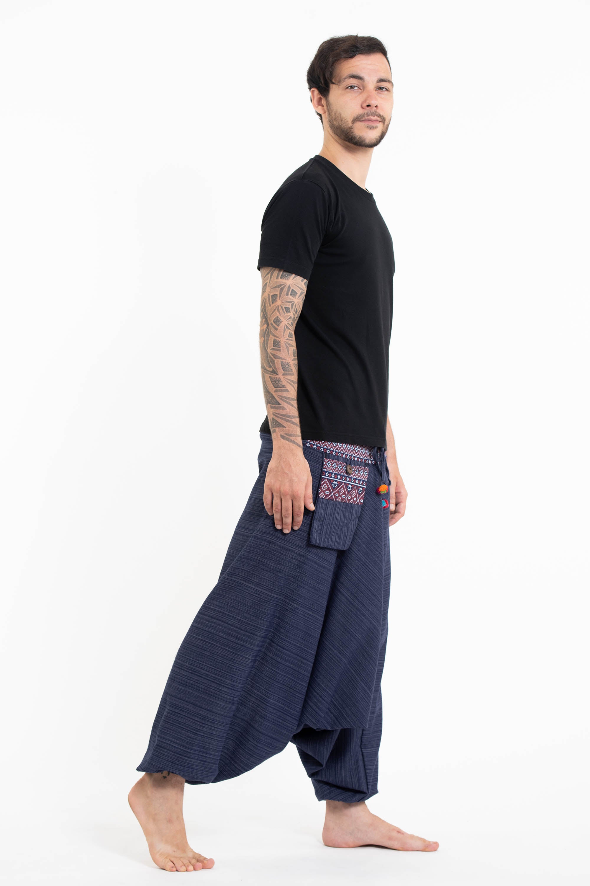 Pinstripe Cotton Low Cut Men's Harem Pants With Hill Tribe Trim Navy